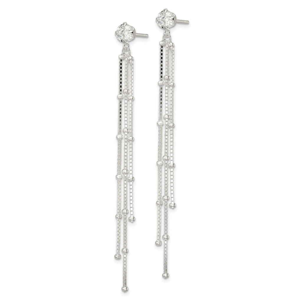 Sterling Silver Polished CZ & Beaded Chain Post Dangle Earrings