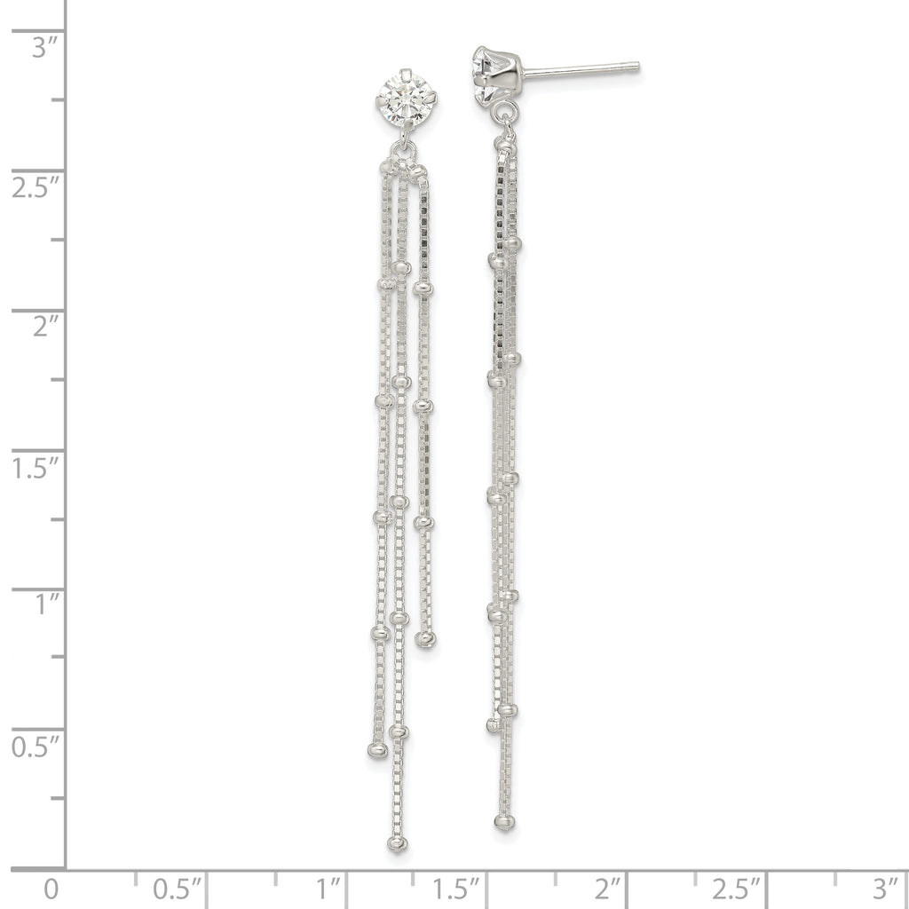 Sterling Silver Polished CZ & Beaded Chain Post Dangle Earrings