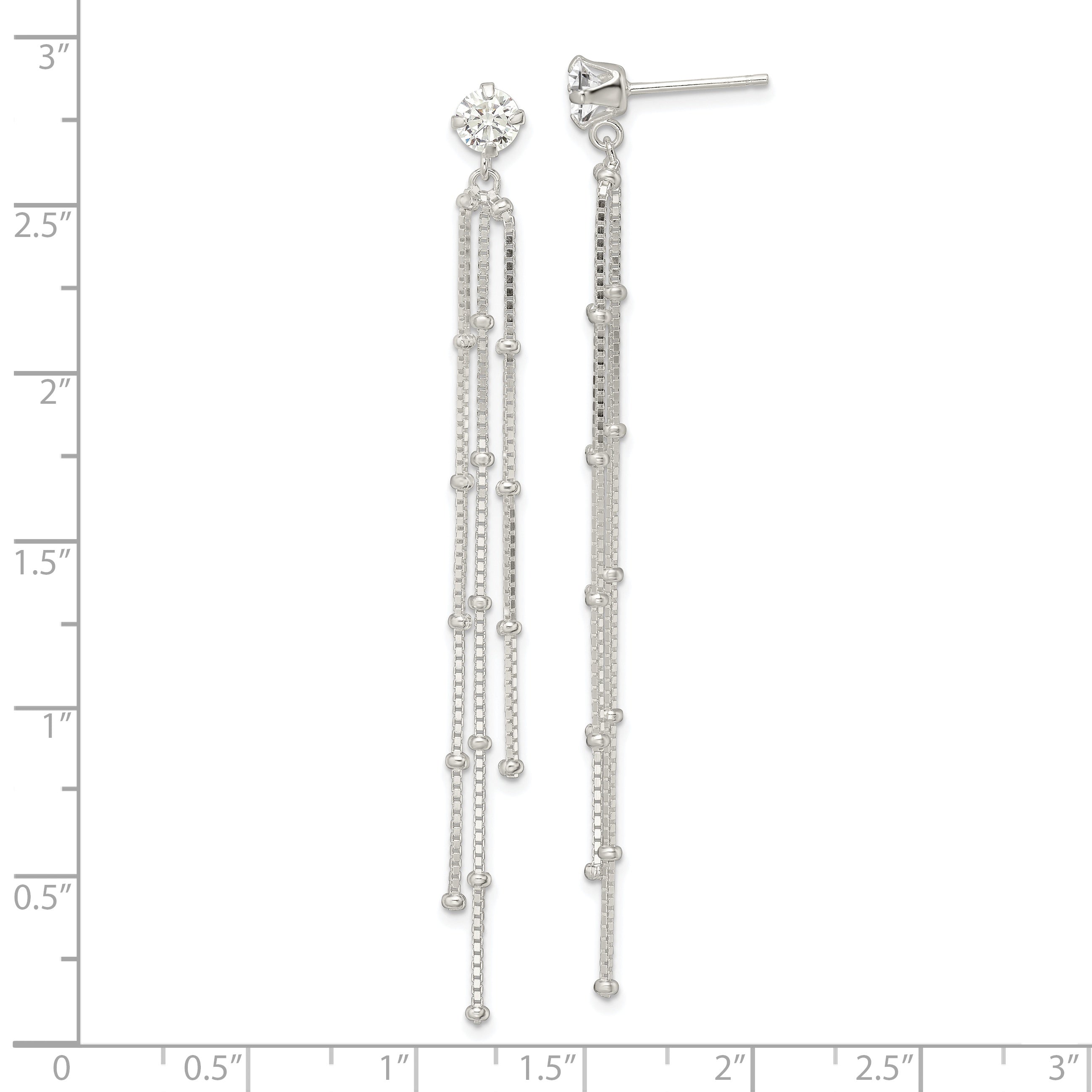 Sterling Silver Polished CZ & Beaded Chain Post Dangle Earrings