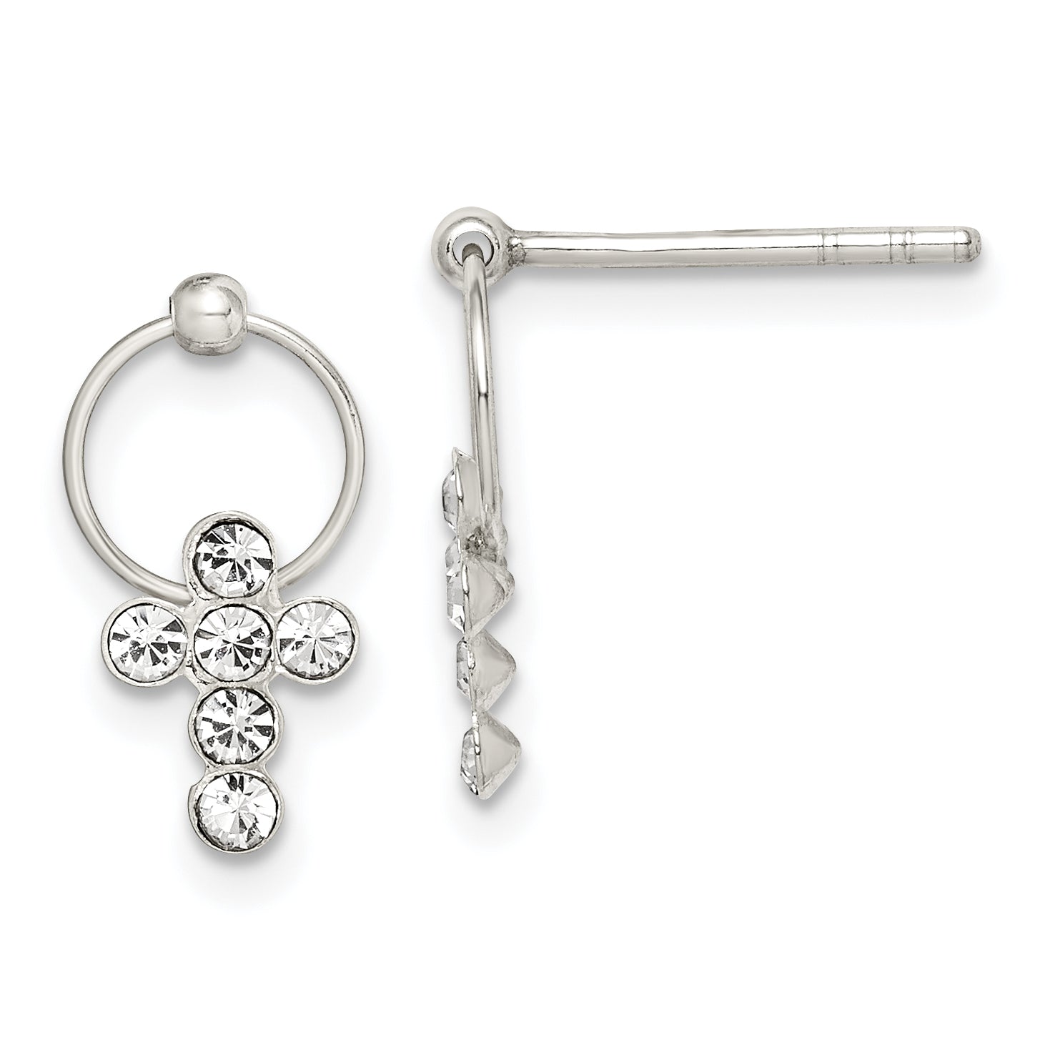 Sterling Silver Polished CZ Cross Circle Post Dangle Earrings Main image