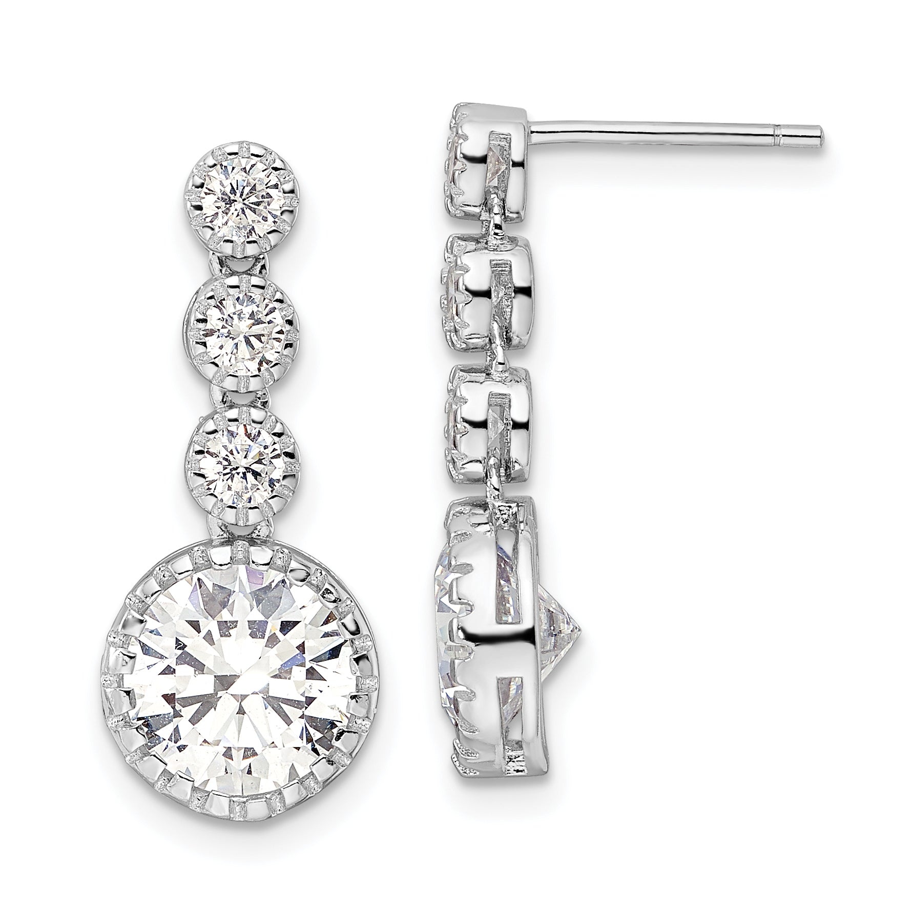 Sterling Silver Rhodium-plated Polished Round CZ Post Dangle Earrings Main image