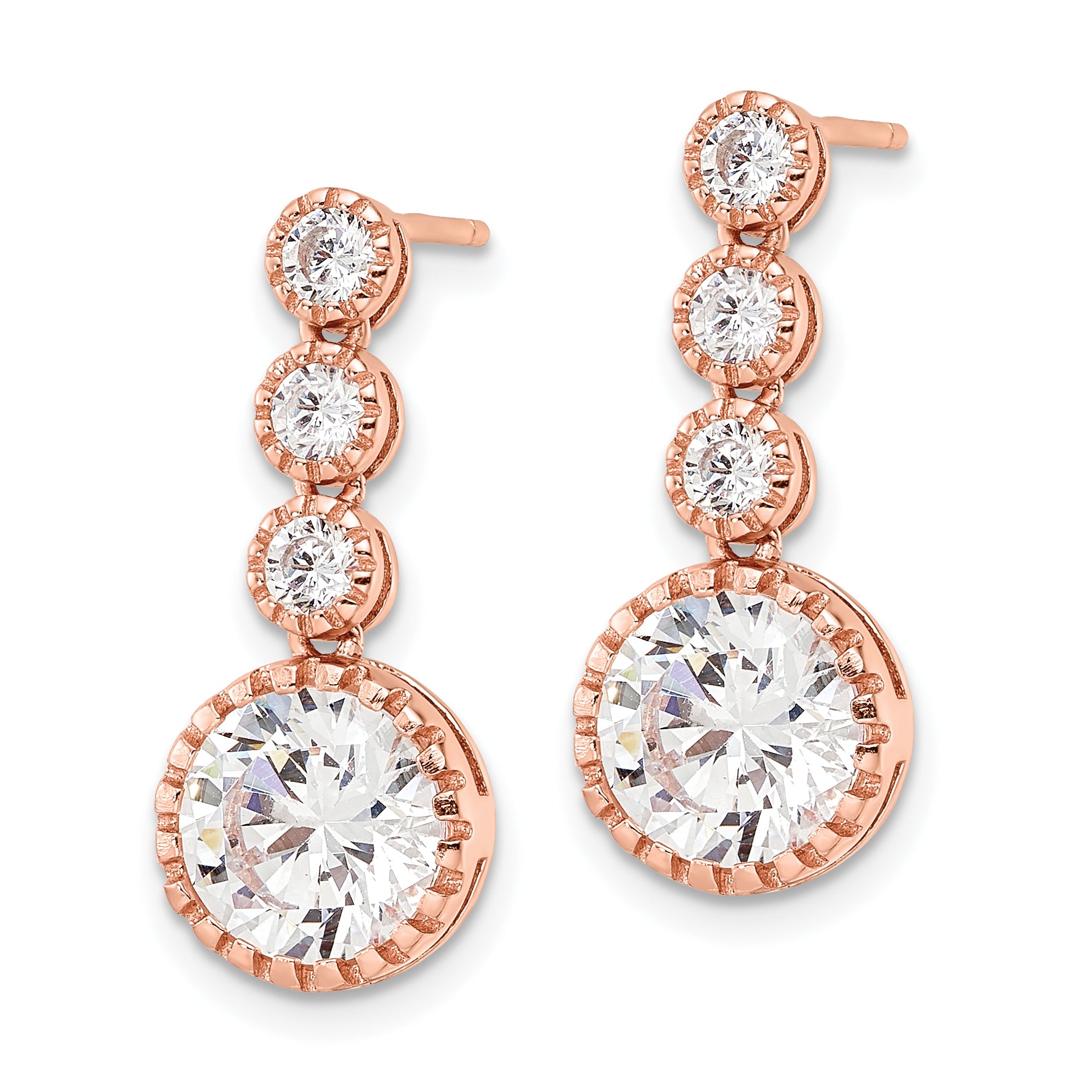 Sterling Silver Rose-tone Polished Round CZ Post Dangle Earrings Secondary image