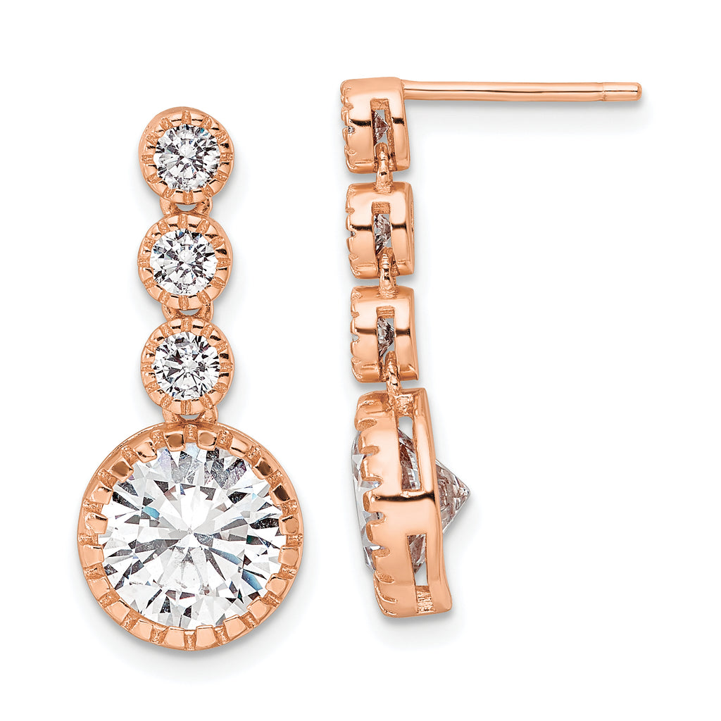 Sterling Silver Rose-tone Polished Round CZ Post Dangle Earrings