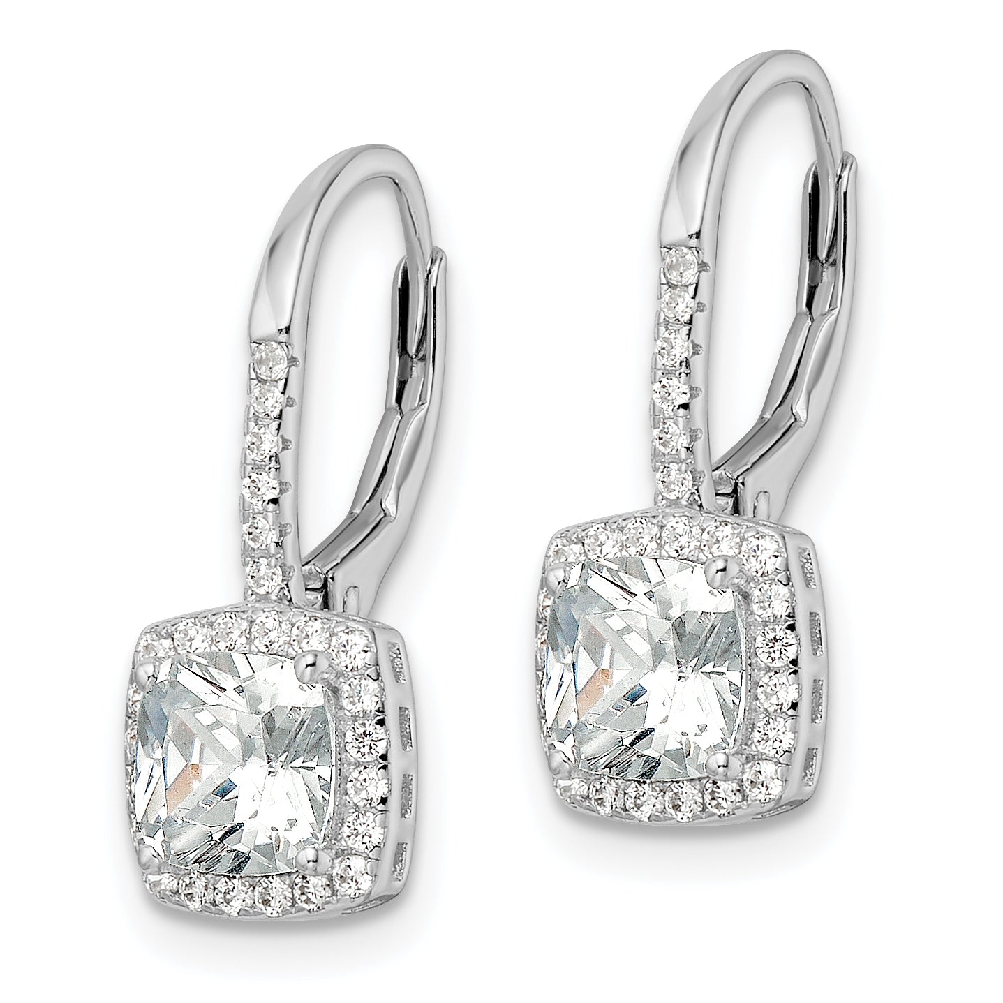 Sterling Silver RH-plated Polished Princess Cut CZ Halo Leverback Earrings Secondary image