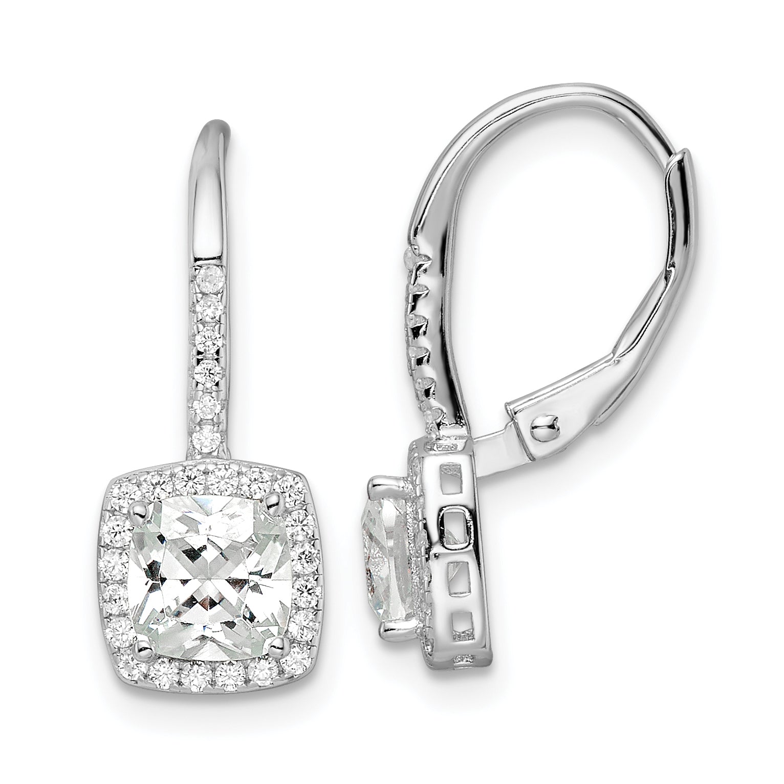 Sterling Silver RH-plated Polished Princess Cut CZ Halo Leverback Earrings Main image