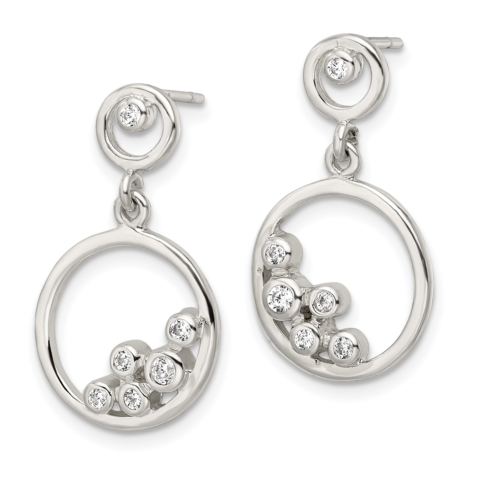 Sterling Silver Polished CZ Circle Dangle Post Earrings Secondary image