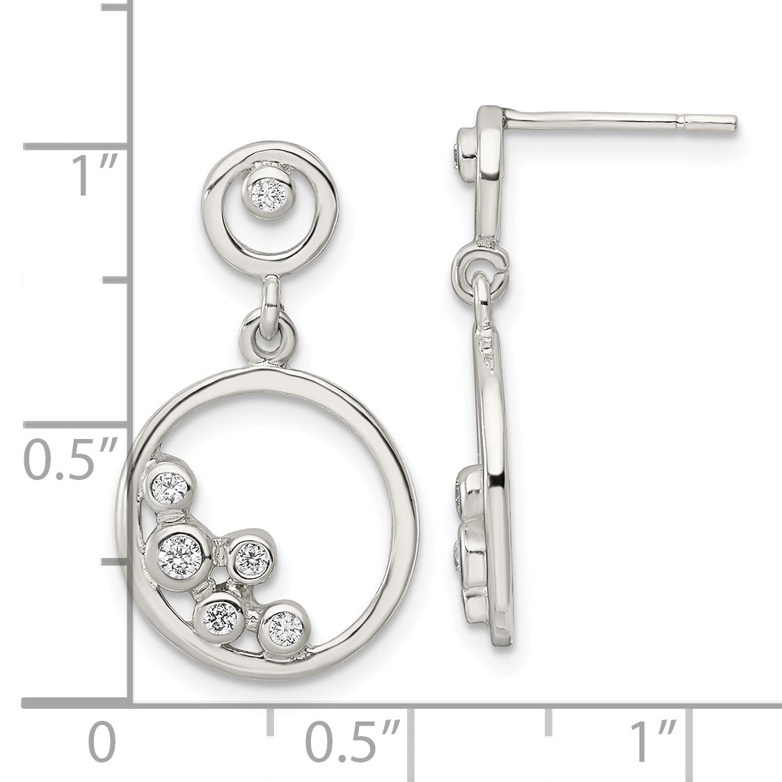 Sterling Silver Polished CZ Circle Dangle Post Earrings