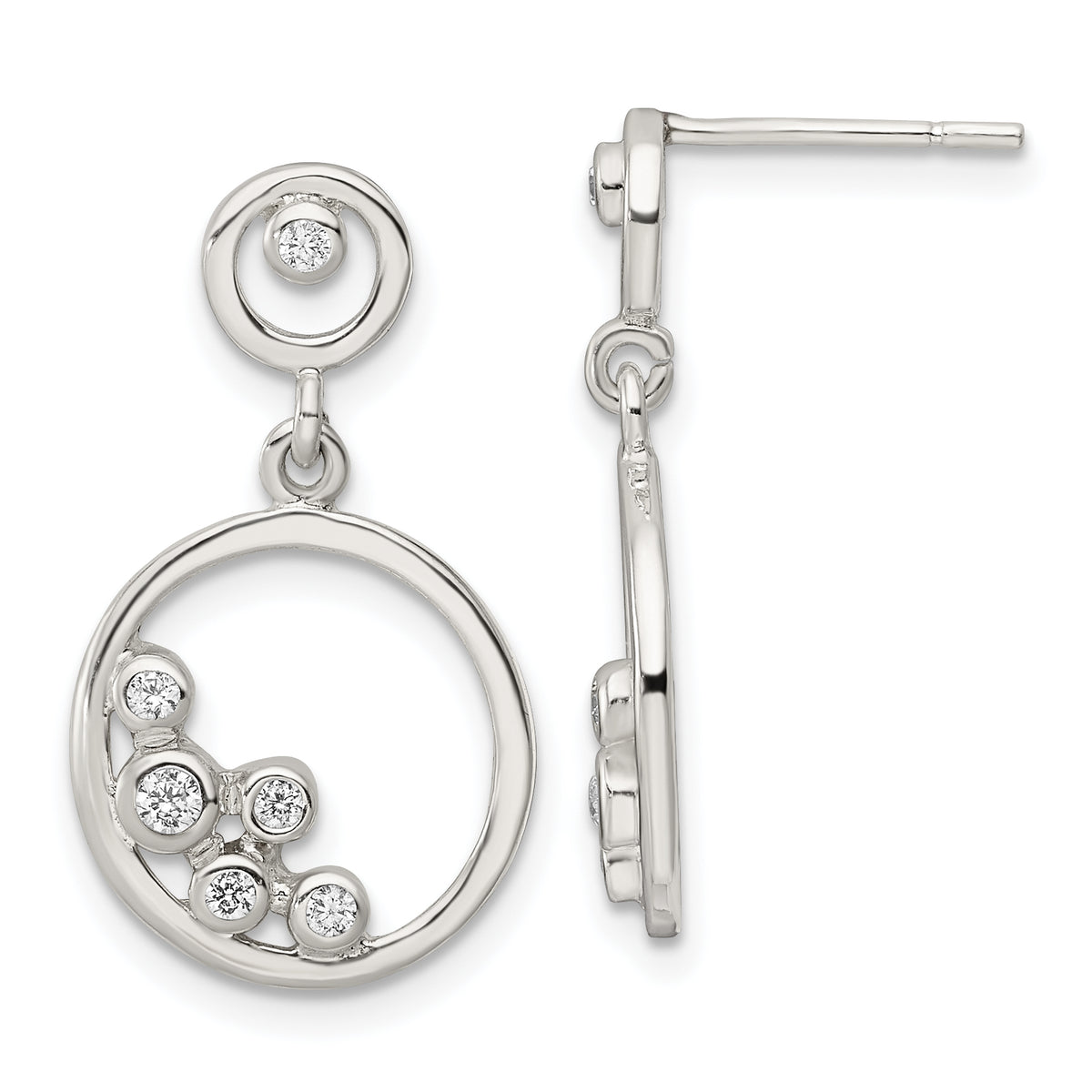 Sterling Silver Polished CZ Circle Dangle Post Earrings