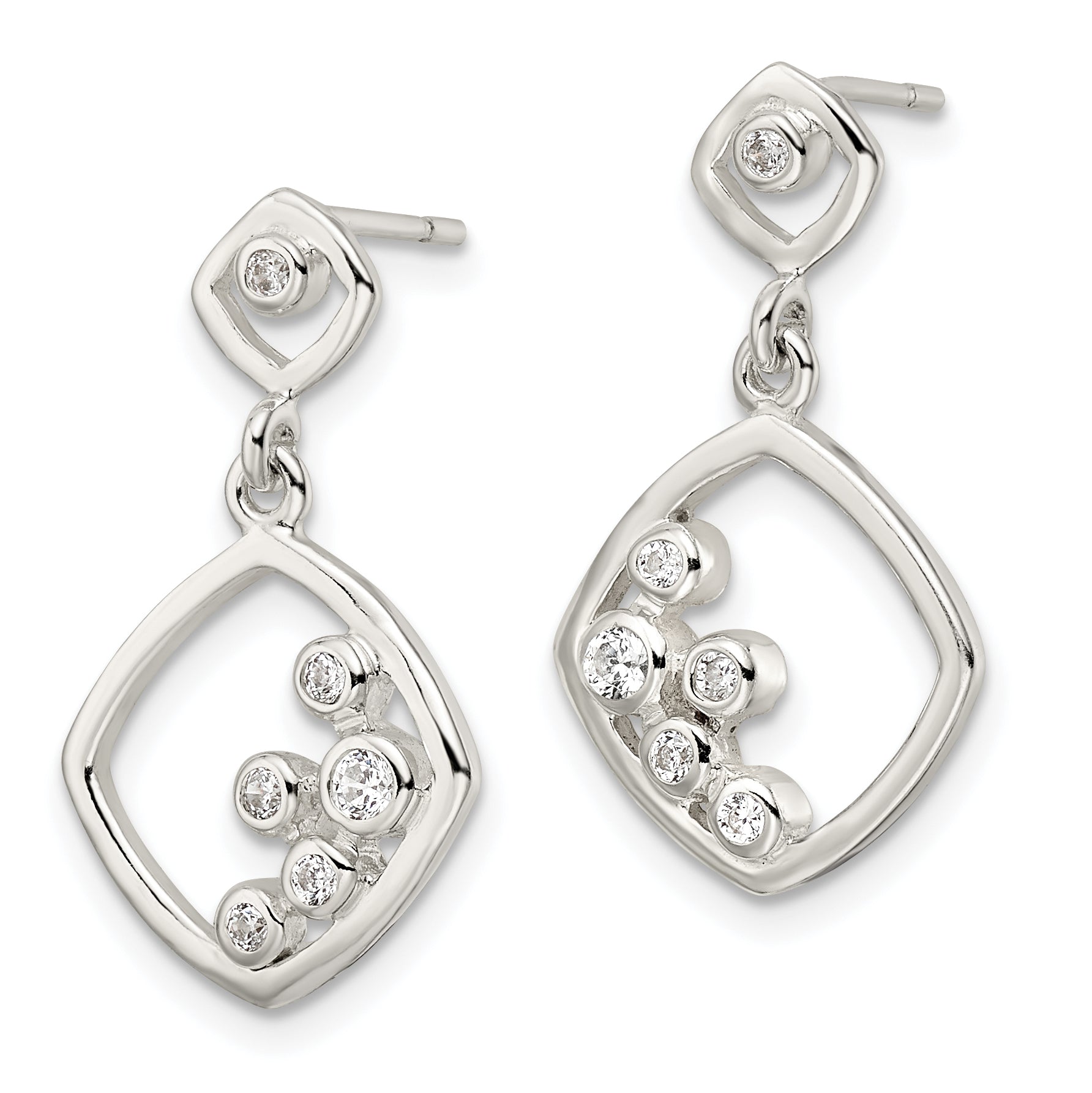 Sterling Silver Polished CZ Square Dangle Post Earrings Secondary image