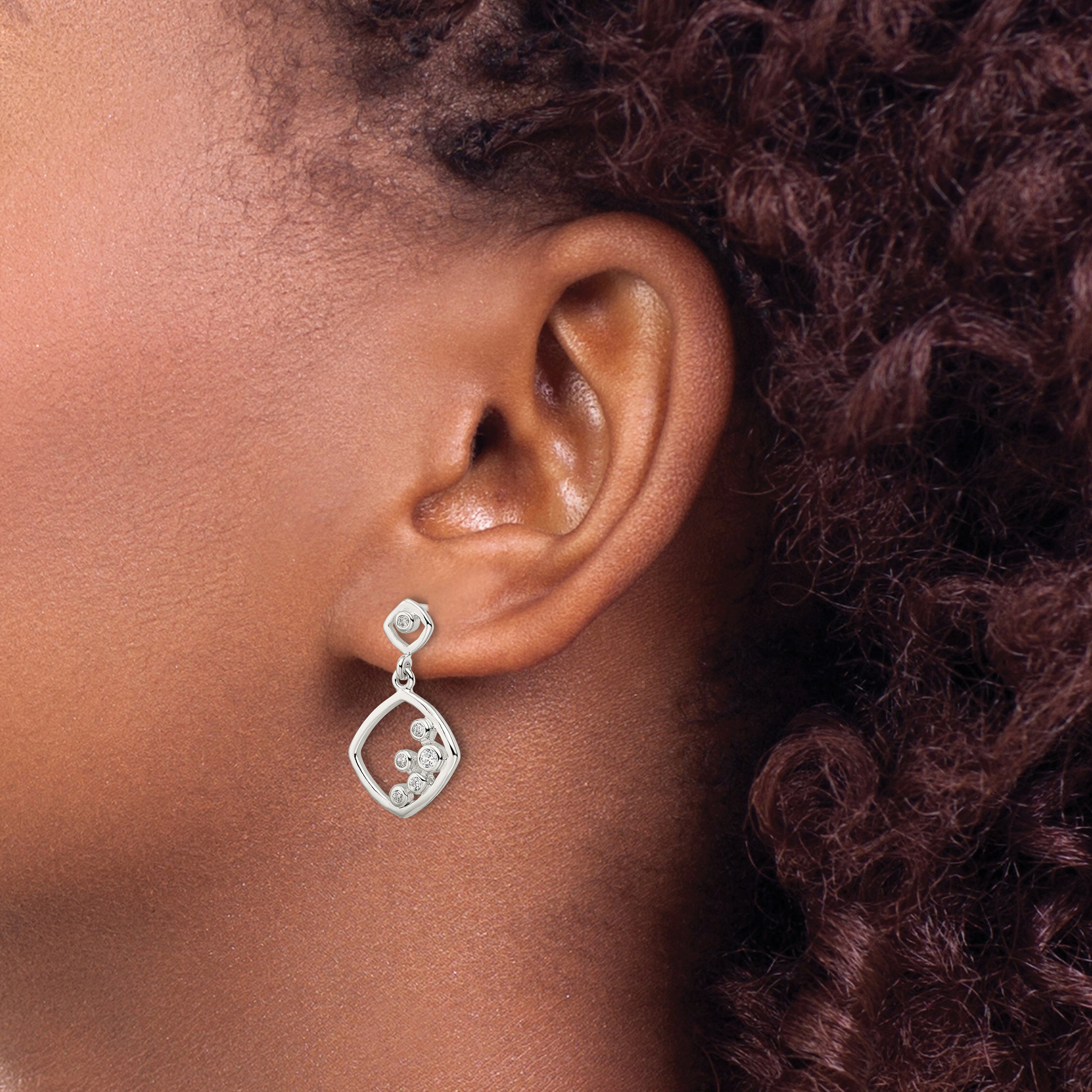 Sterling Silver Polished CZ Square Dangle Post Earrings