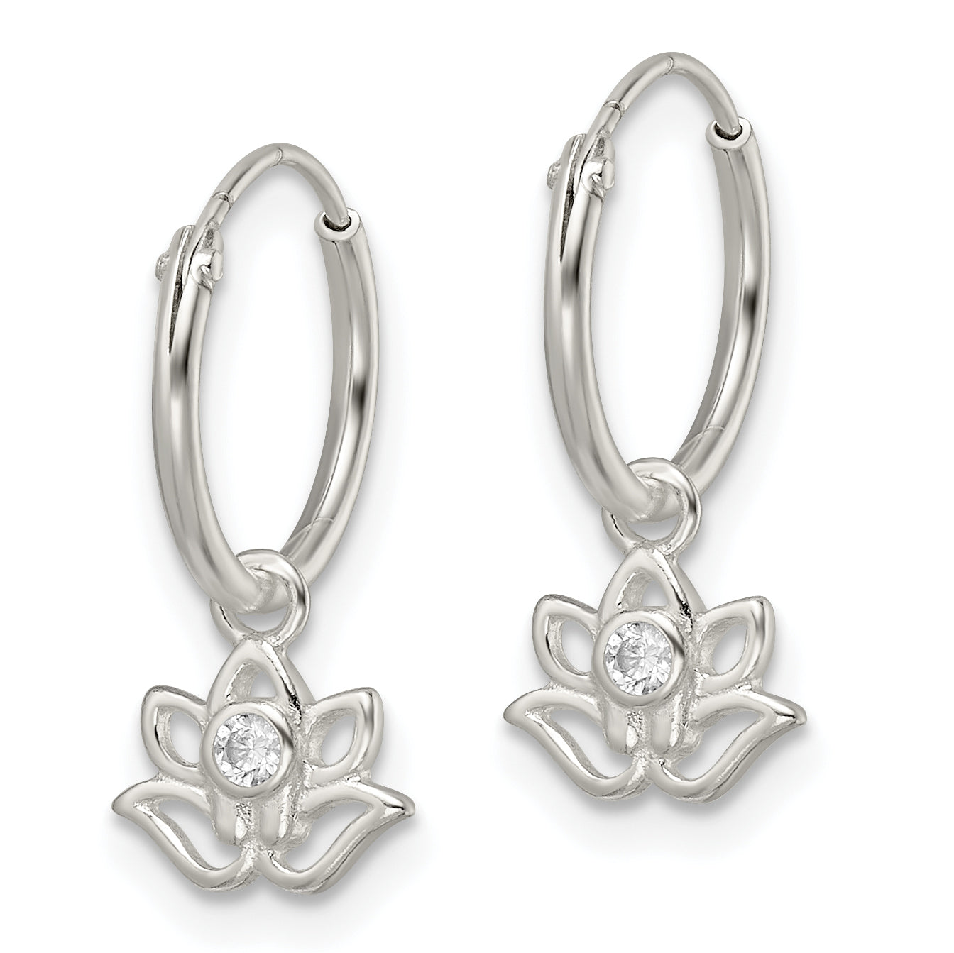 Sterling Silver Polished CZ Dangle Lotus Endless Hoop Earrings Secondary image