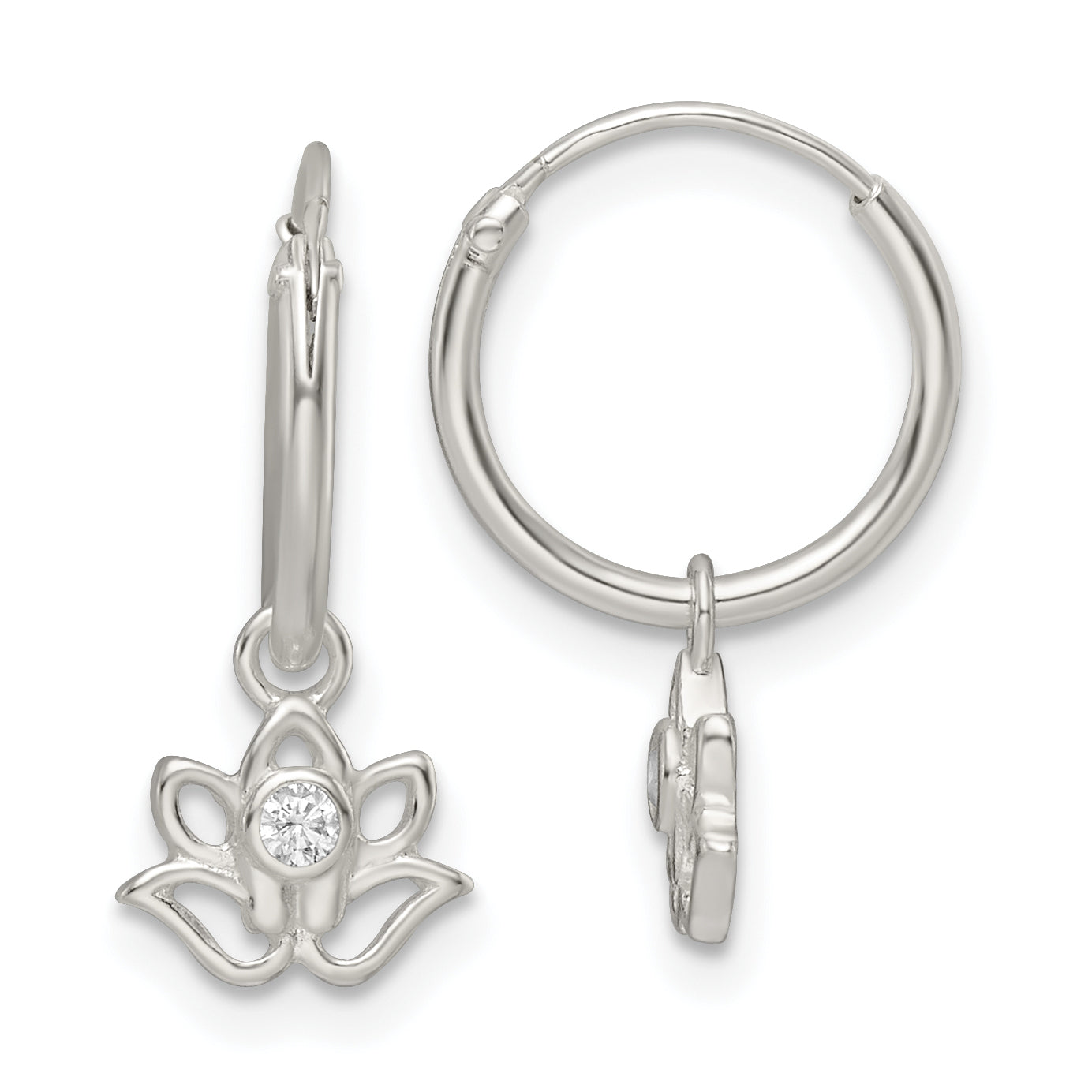 Sterling Silver Polished CZ Dangle Lotus Endless Hoop Earrings Main image