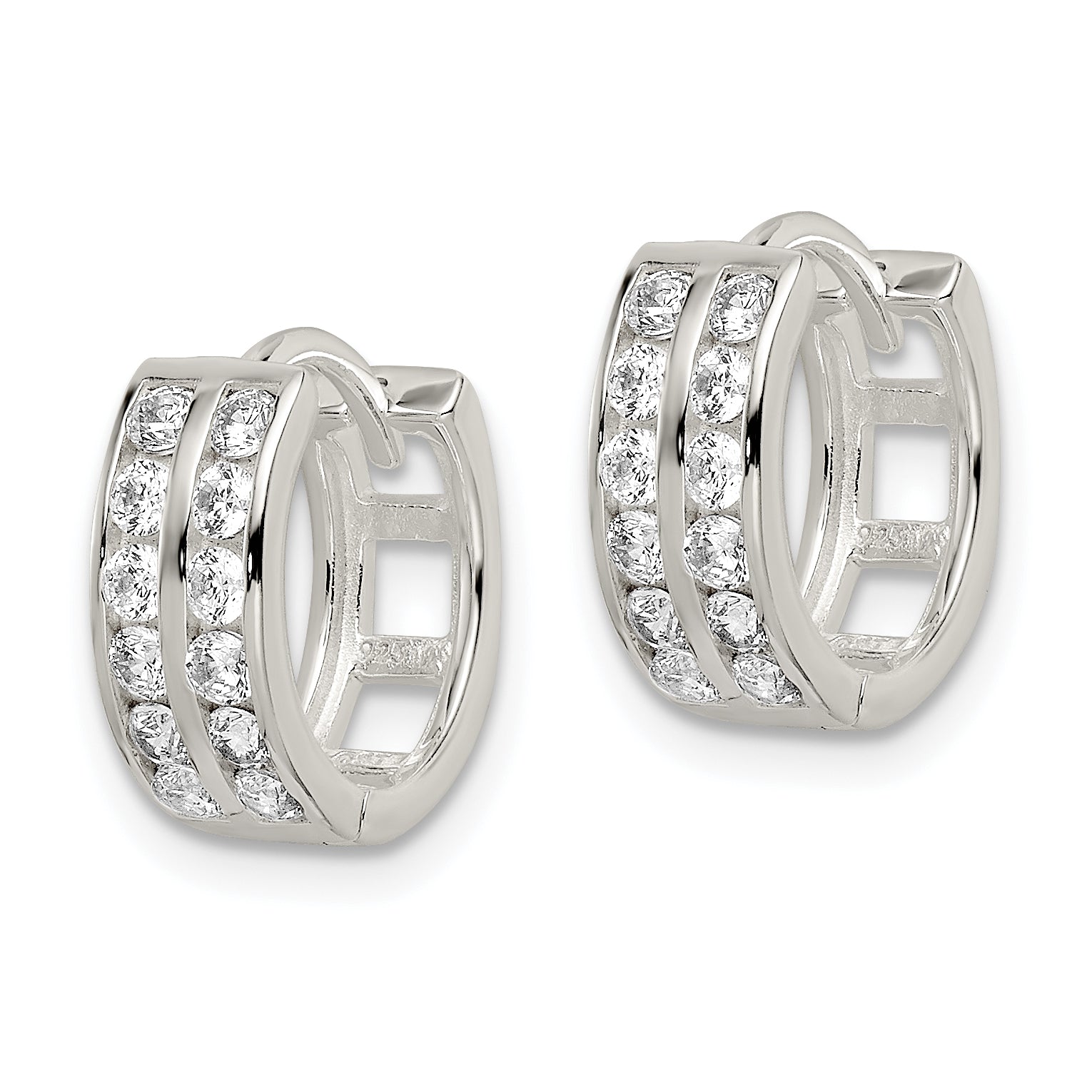Sterling Silver Polished 2 Row CZ Hinged Hoop Earrings Secondary image