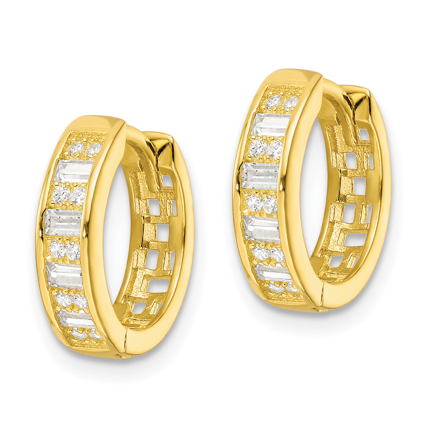 Sterling Silver Polished Gold-tone CZ Hinged Hoop Earrings Secondary image