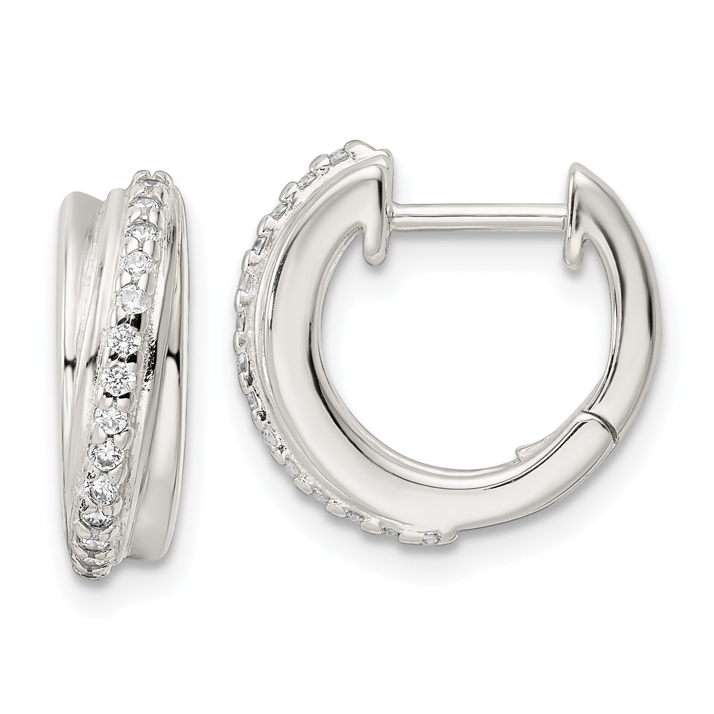 Sterling Silver Polished CZ Hinged Hoop Earrings Main image