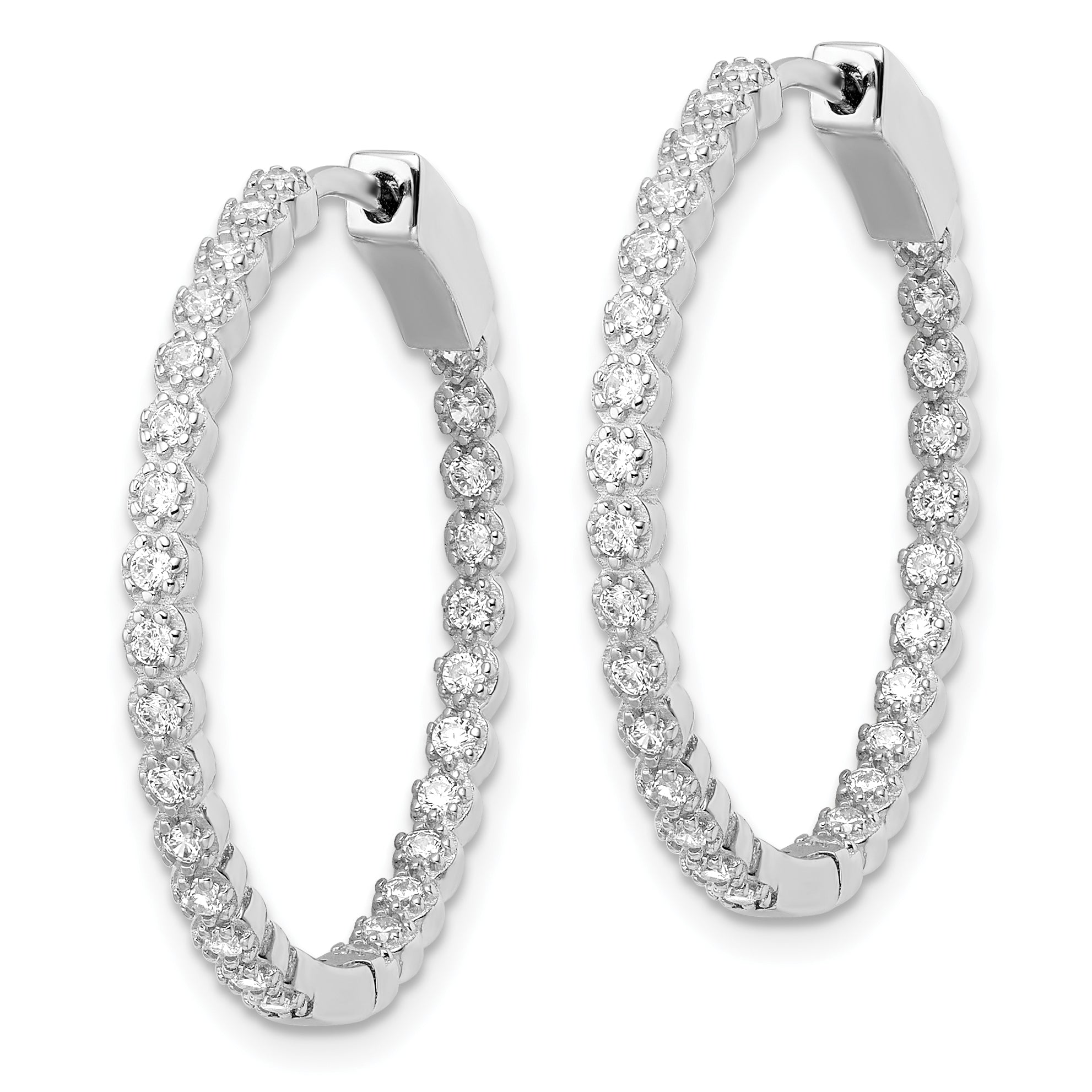 Sterling Silver Polished Rhodium-plated In & Out CZ Hinged Hoop Earrings Secondary image