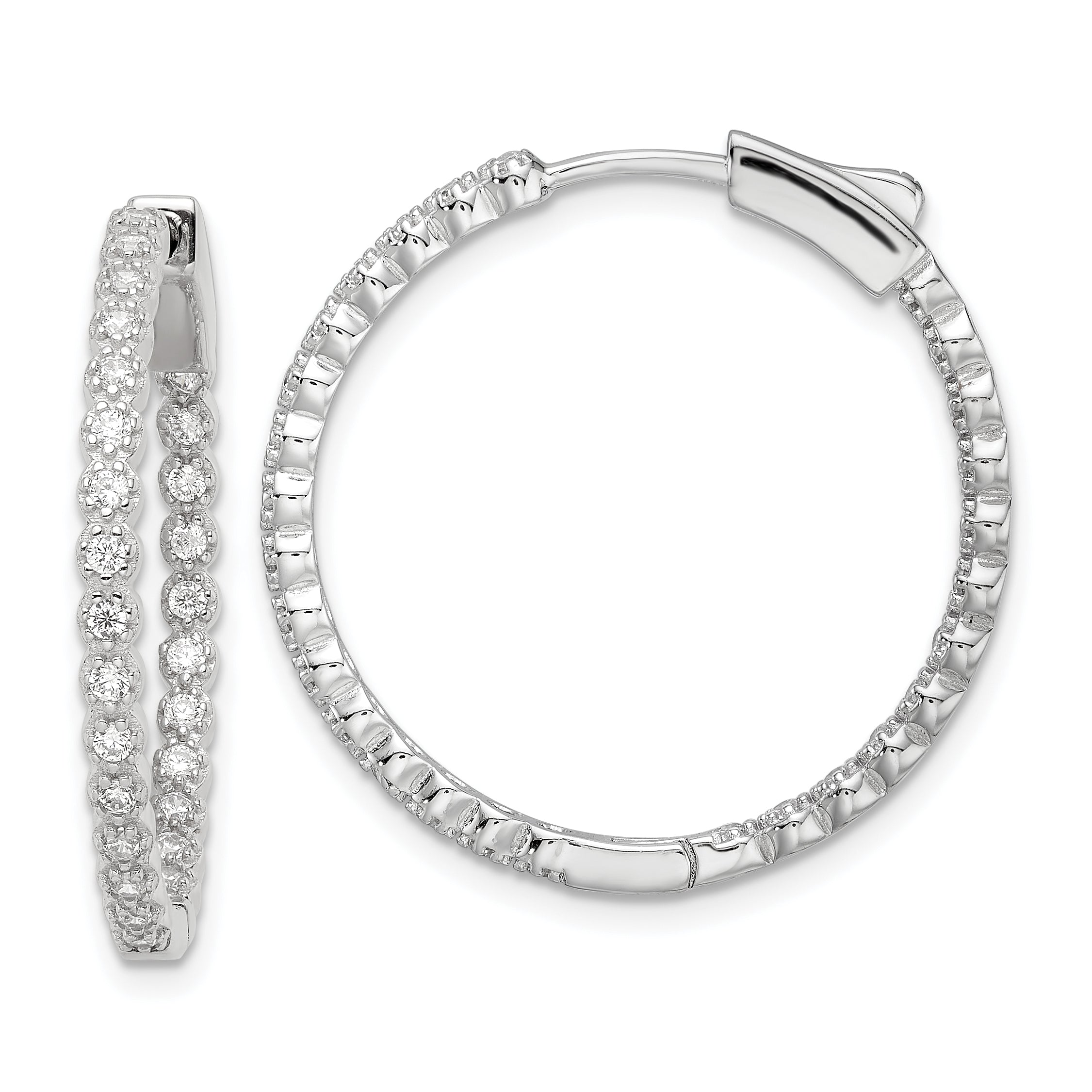Sterling Silver Polished Rhodium-plated In & Out CZ Hinged Hoop Earrings Main image