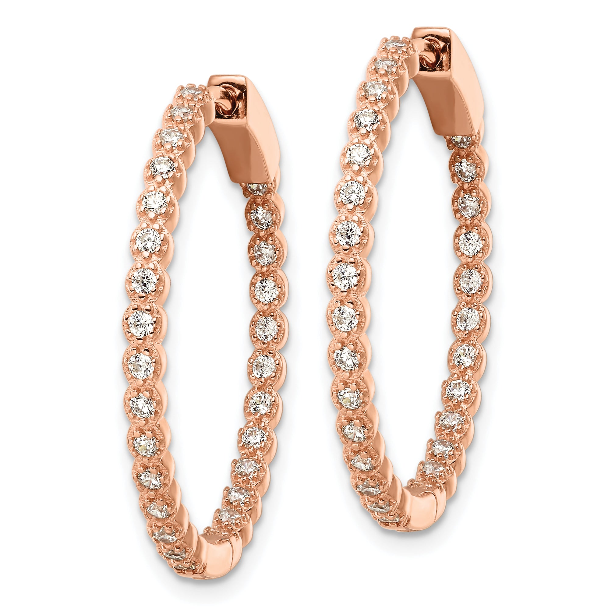 Sterling Silver Polished Rose-tone In & Out CZ Hinged Hoop Earrings Secondary image