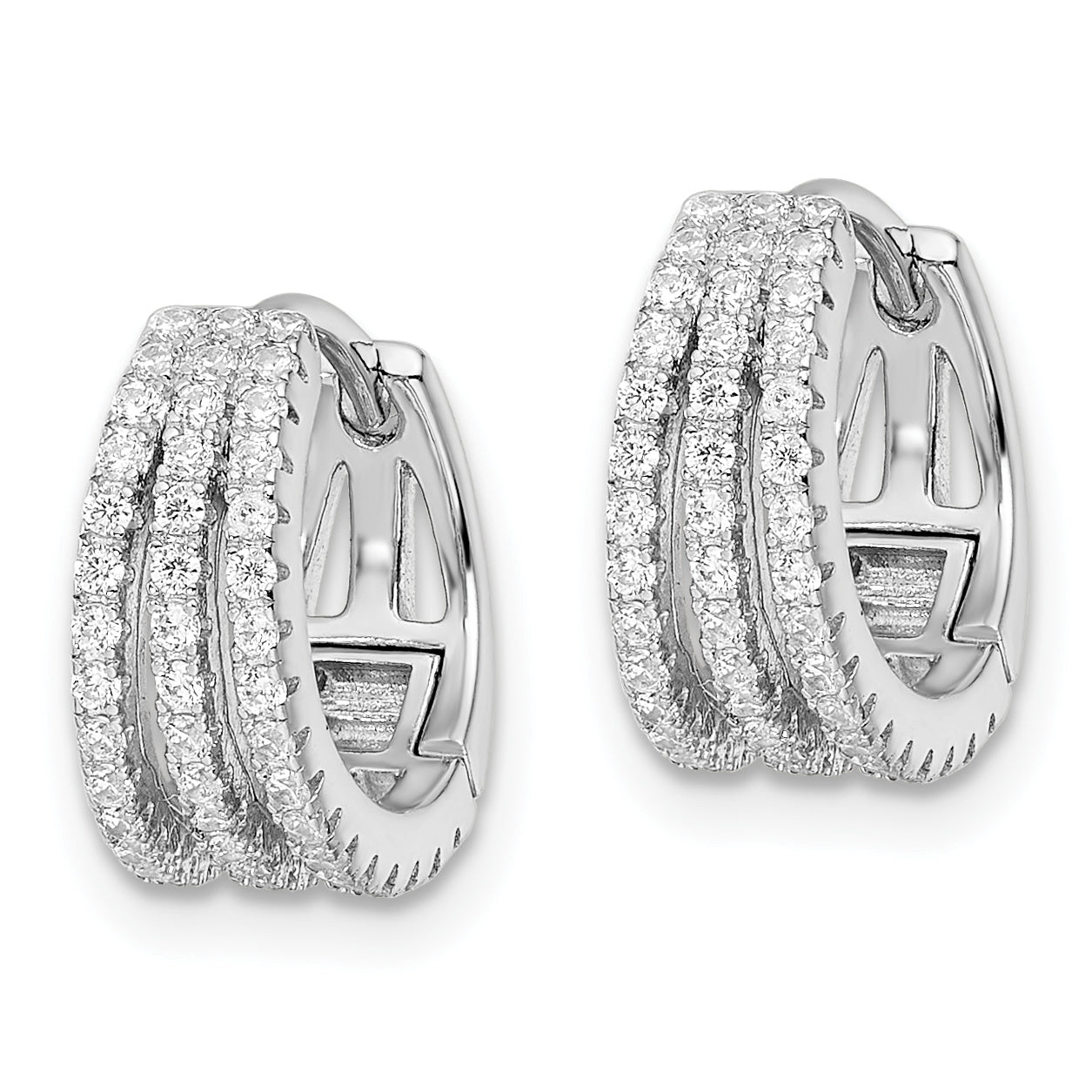 Sterling Silver Rhodium-plated Polished Triple Row CZ Hinged Hoop Earrings Secondary image