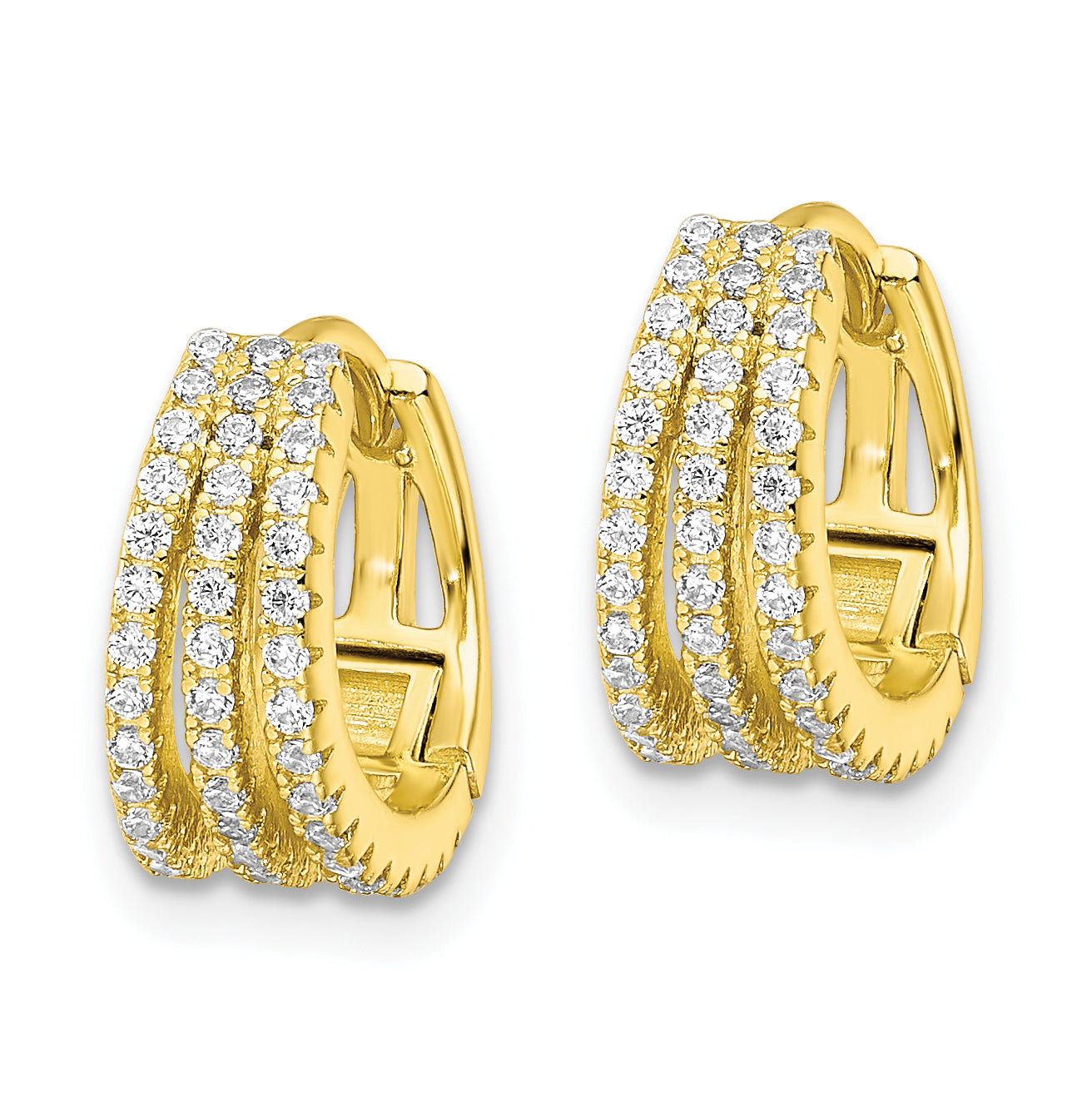 Sterling Silver Gold-tone Polished Triple Row CZ Hinged Hoop Earrings Secondary image
