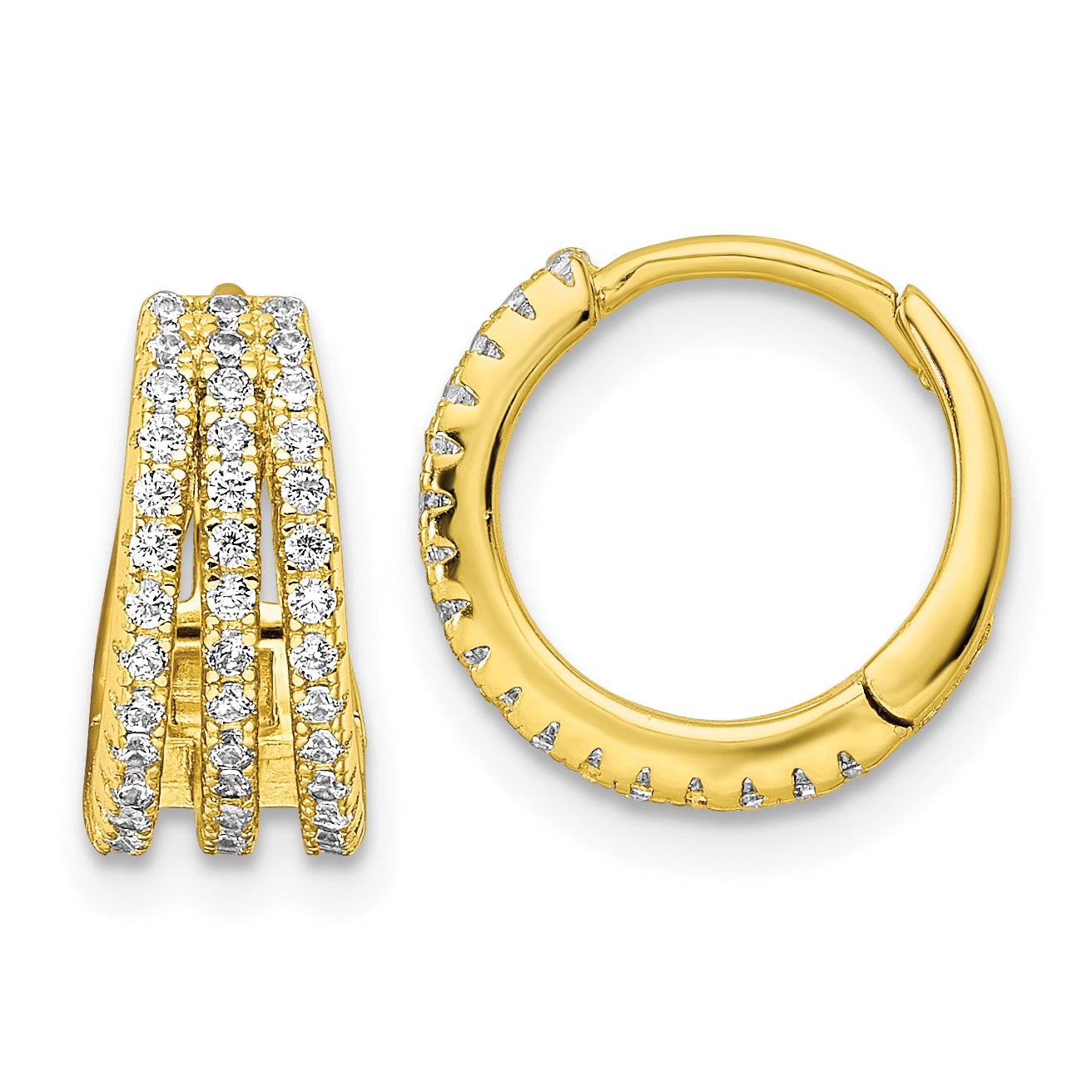 Sterling Silver Gold-tone Polished Triple Row CZ Hinged Hoop Earrings Main image