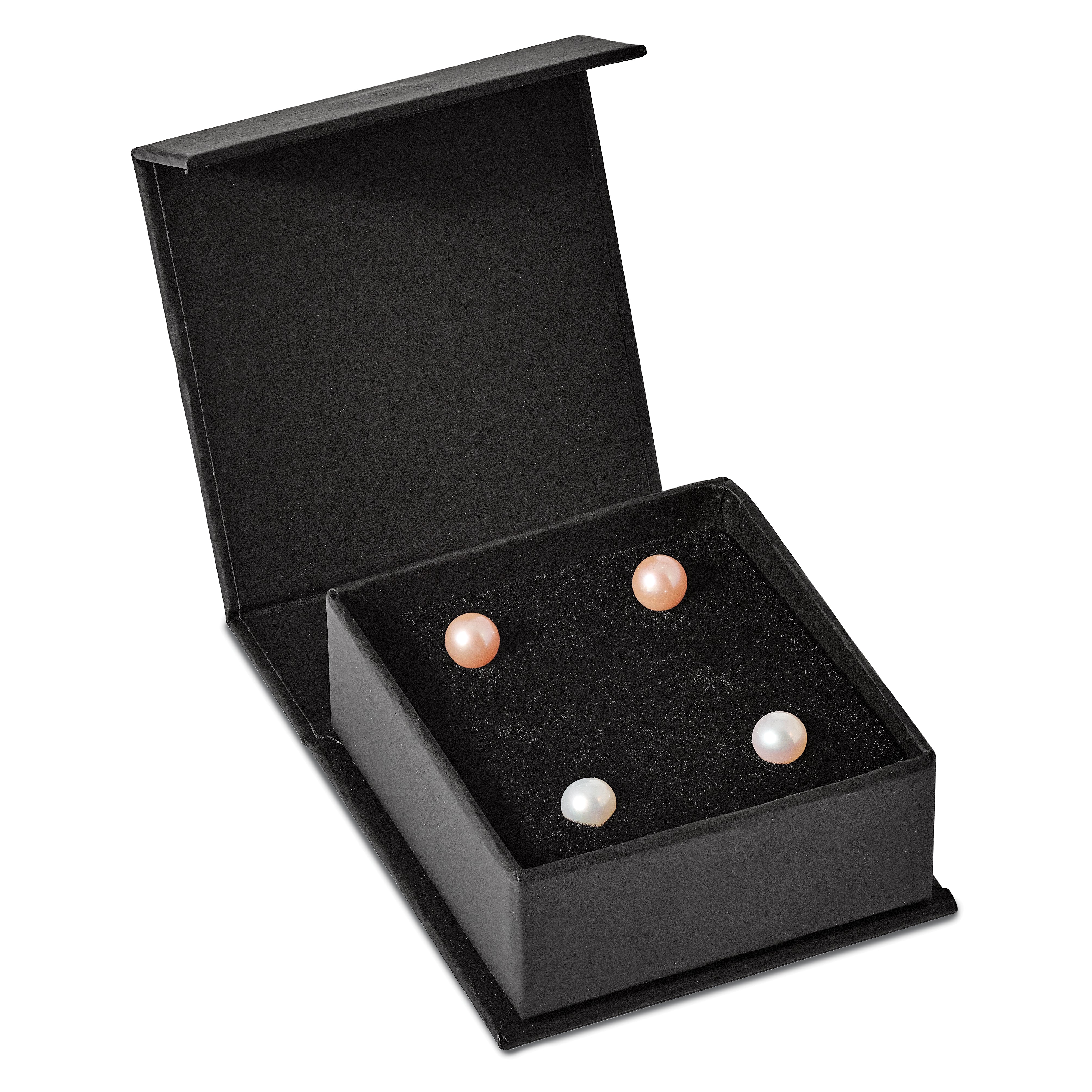 Sterling Silver Rhodium-plated 6-7mm White and Pink Round Freshwater Cultured Pearl Set of 2 Post Earrings