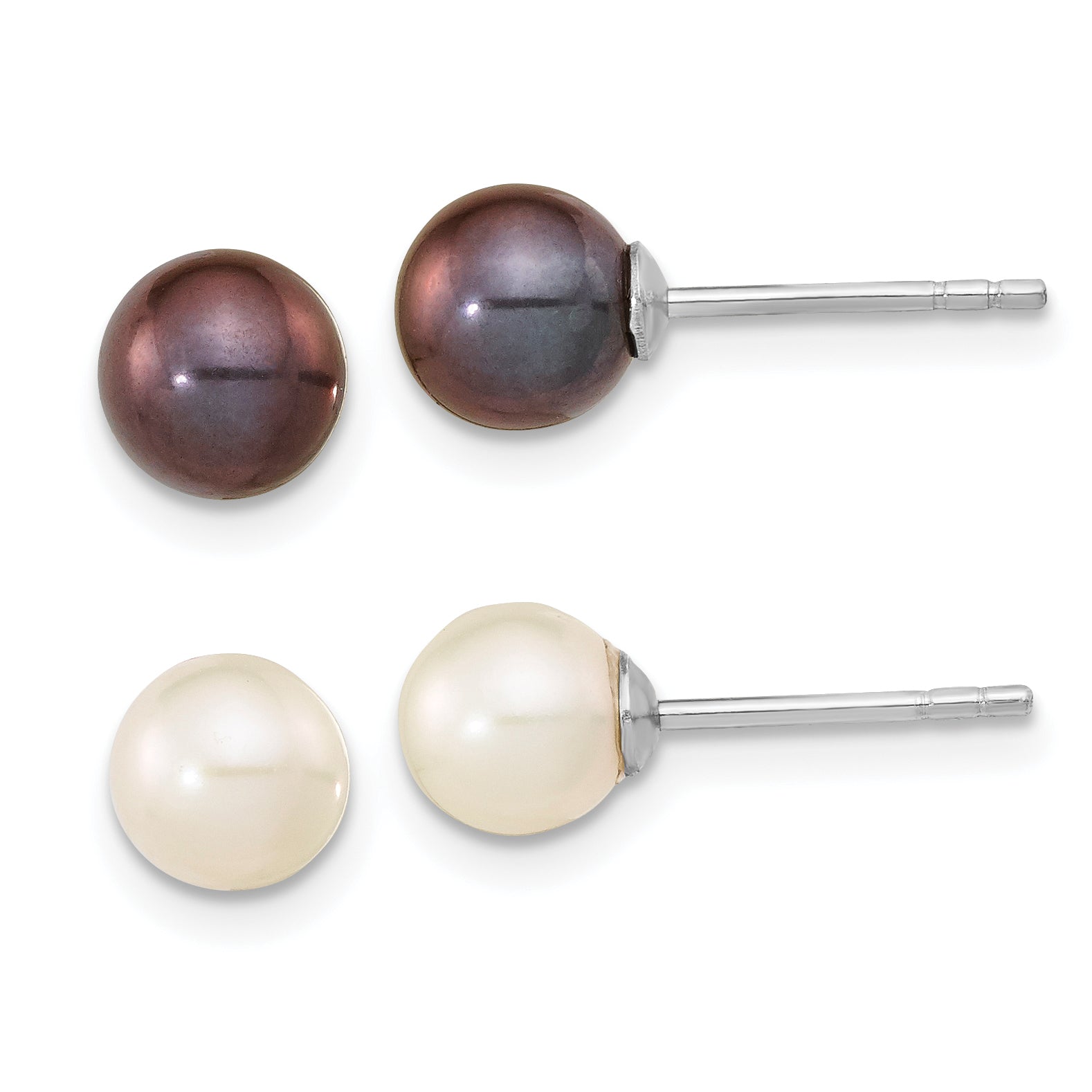 Sterling Silver Rhodium-plated 6-7mm Black and White Round Freshwater Cultured Pearl Set of 2 Post Earrings Main image