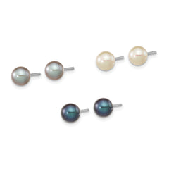 Sterling Silver Rhodium-plated 6-7mm Black, White and Grey Round Freshwater Cultured Pearl Set of 3 Post Earrings