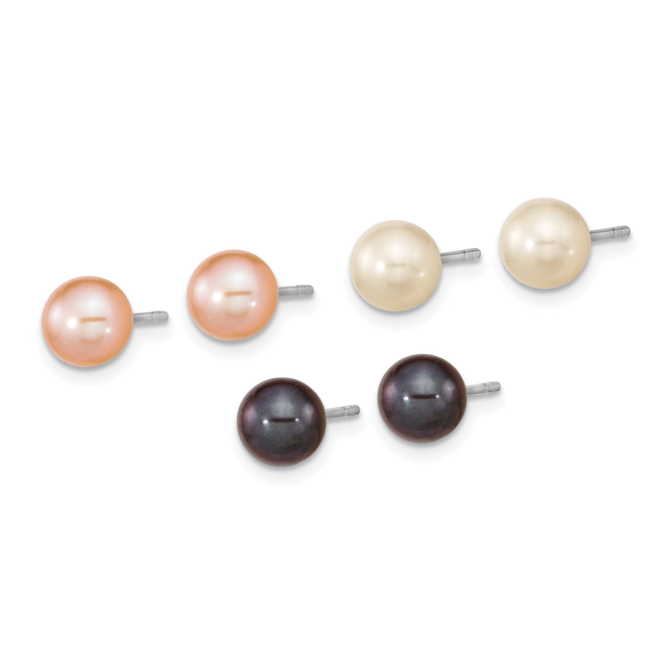 Sterling Silver Rhodium-plated 6-7mm Black, White and Pink Round Freshwater Cultured Pearl Set of 3 Post Earrings