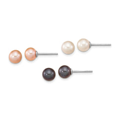 Sterling Silver Rhodium-plated 6-7mm Black, White and Pink Round Freshwater Cultured Pearl Set of 3 Post Earrings