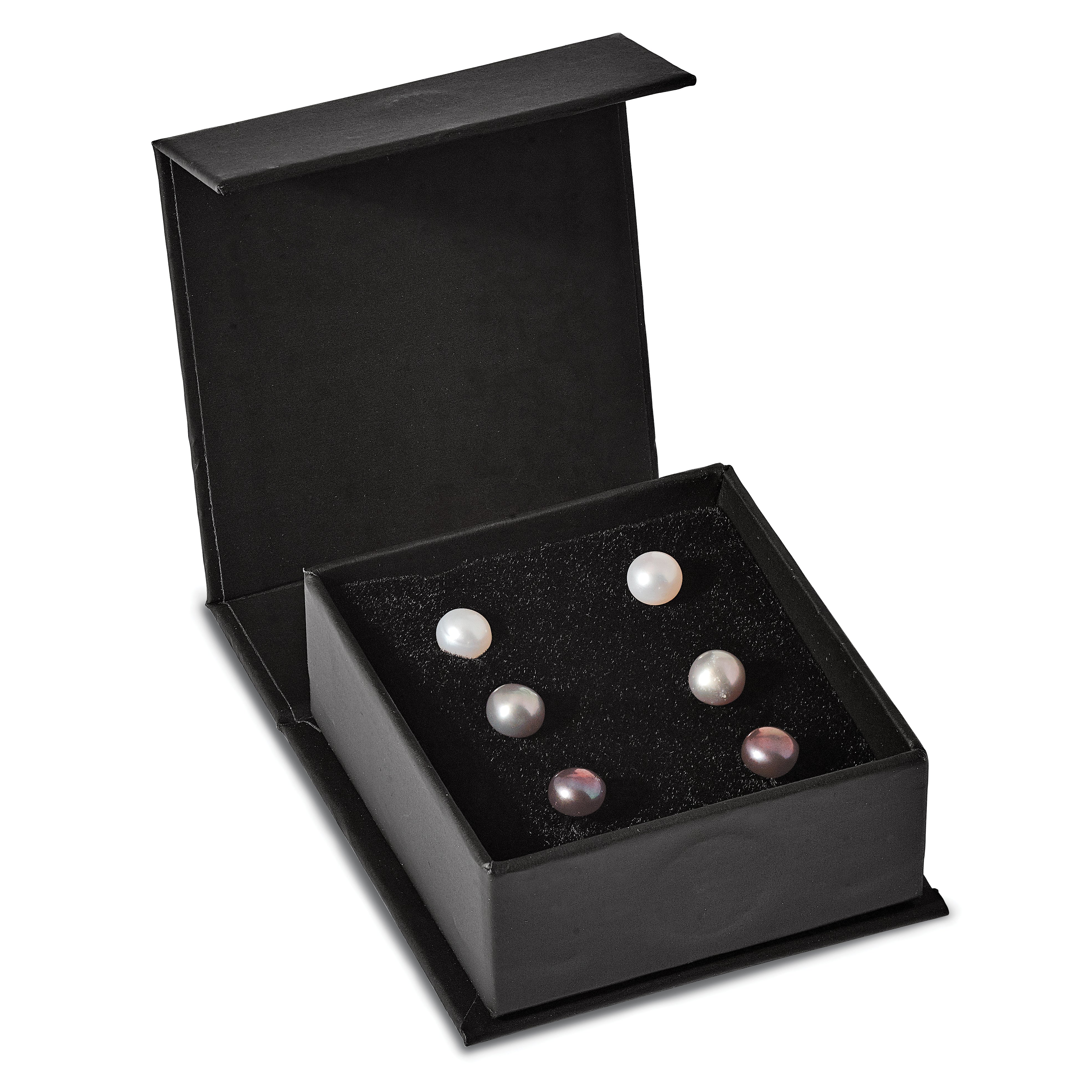 Sterling Silver Rhodium-plated 6-7mm Black, white and Grey Button Freshwater Cultured Pearl Set of 3 Post Earrings