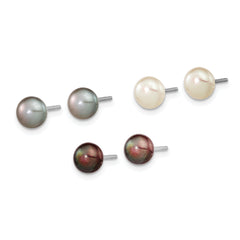 Sterling Silver Rhodium-plated 6-7mm Black, white and Grey Button Freshwater Cultured Pearl Set of 3 Post Earrings