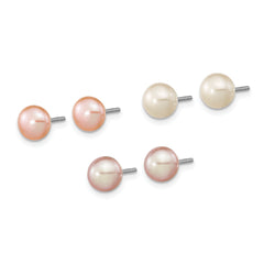 Sterling Silver Rhodium-plated 6-7mm White, Pink and Purple Button Freshwater Cultured Pearl Set of 3 Post Earrings