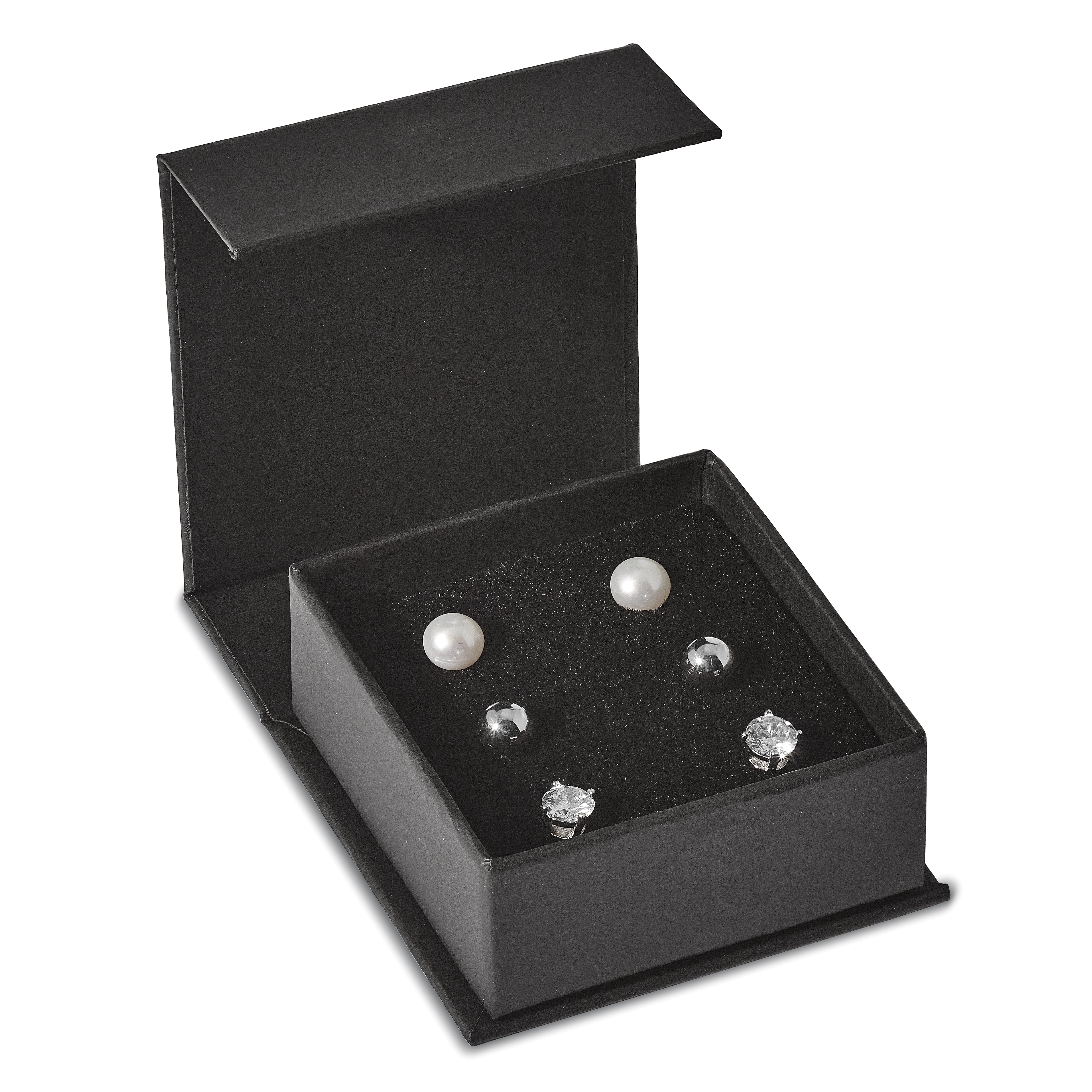 Sterling Silver Rhodium-plated 6-7mm White Button Freshwater Cultured Pearl, CZ and Stud Earrings Set