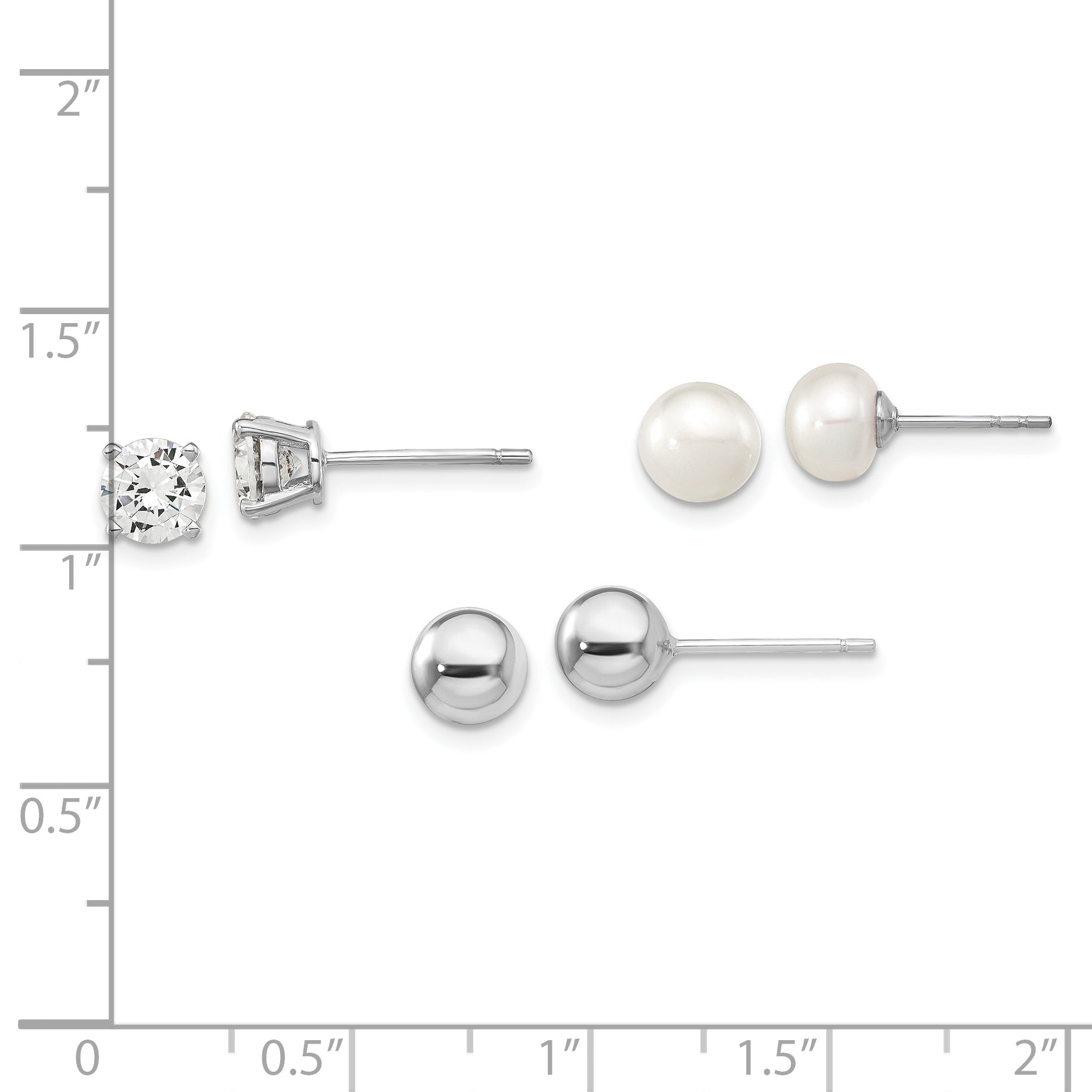 Sterling Silver Rhodium-plated 6-7mm White Button Freshwater Cultured Pearl, CZ and Stud Earrings Set