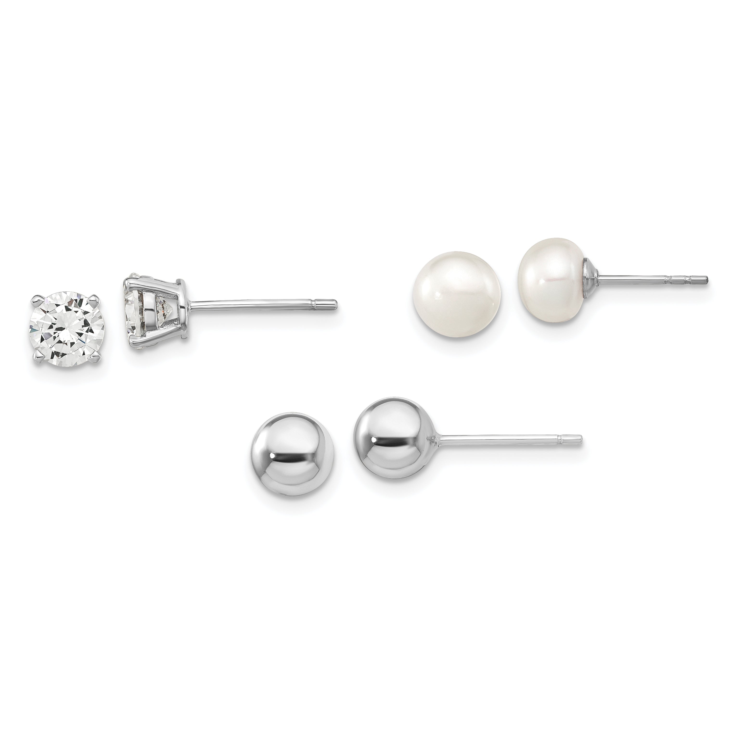 Sterling Silver Rhodium-plated 6-7mm White Button Freshwater Cultured Pearl, CZ and Stud Earrings Set Main image