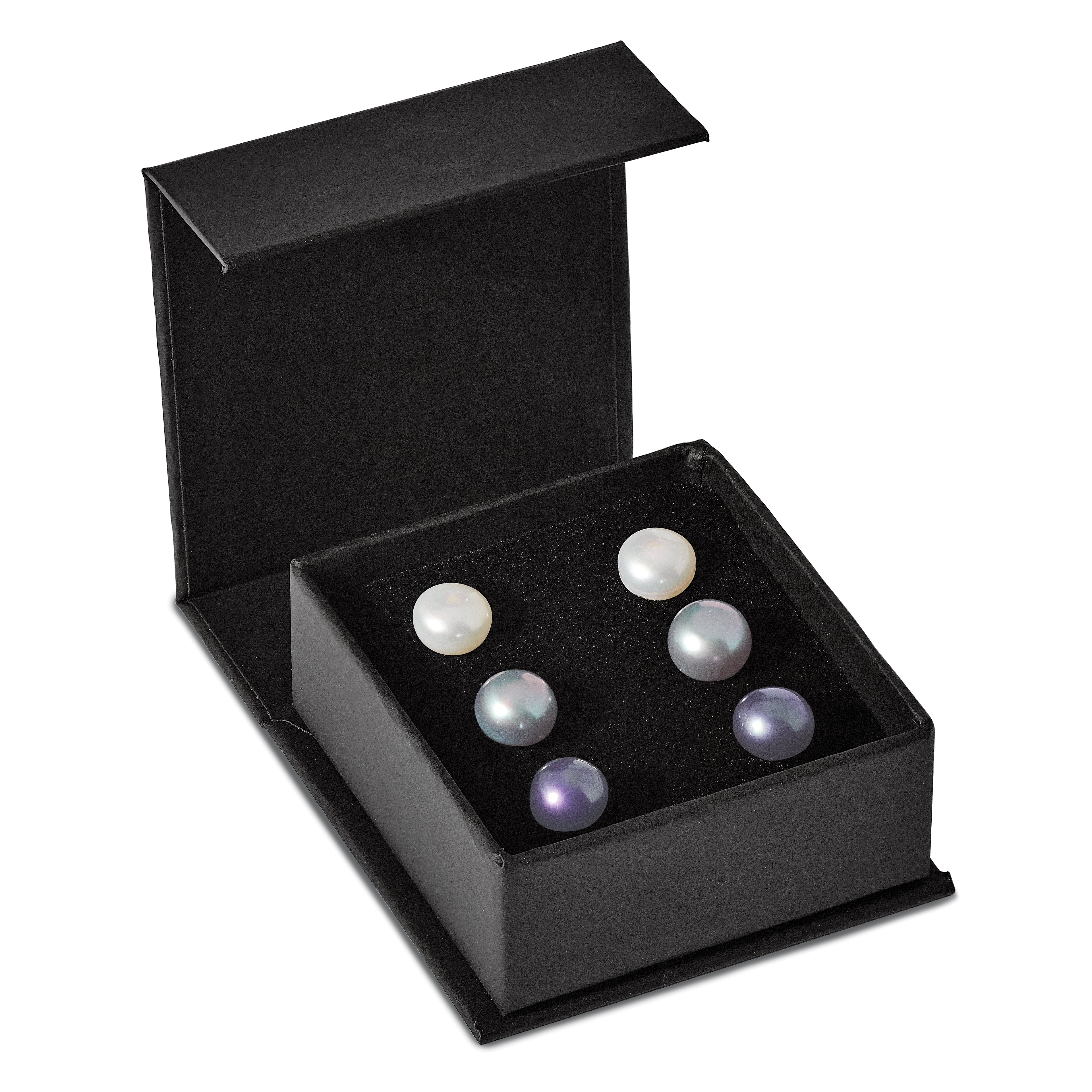 Sterling Silver Rhodium-plated 8-9mm Black, White and Grey Button Freshwater Cultured Pearl Set of 3 Post Earrings