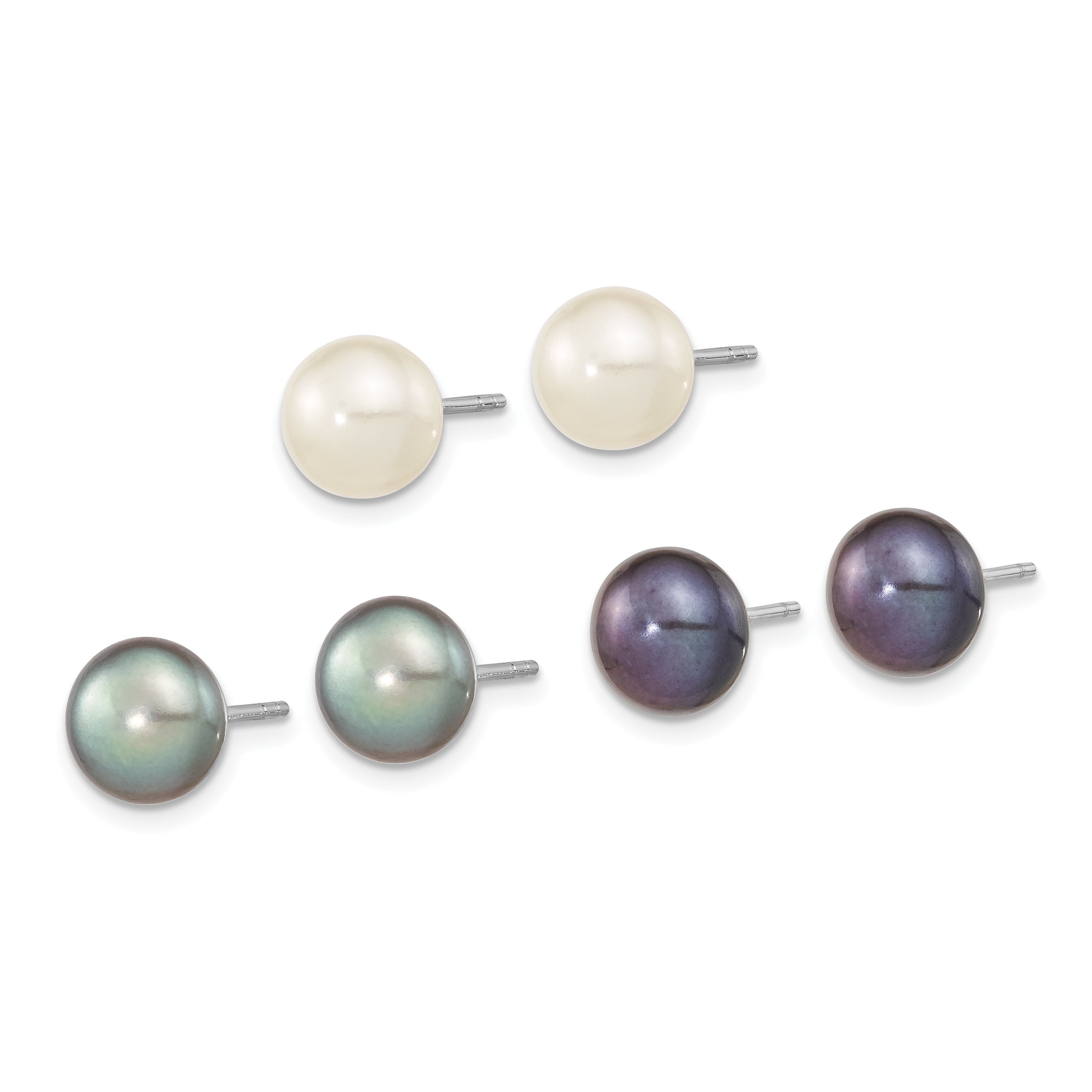 Sterling Silver Rhodium-plated 8-9mm Black, White and Grey Button Freshwater Cultured Pearl Set of 3 Post Earrings Secondary image