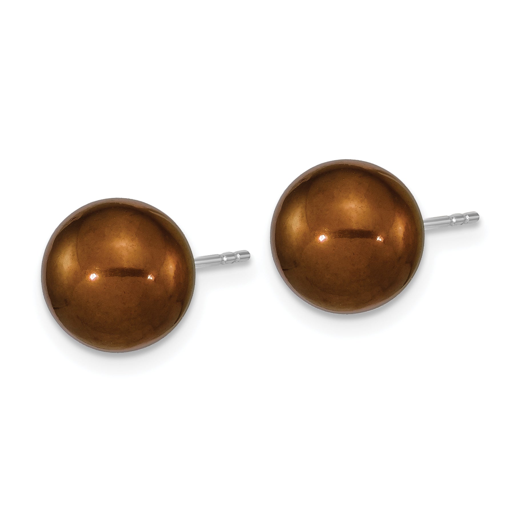 Sterling Silver Rhodium-plated 9-10mm Brown Round Freshwater Cultured Pearl Post Earrings