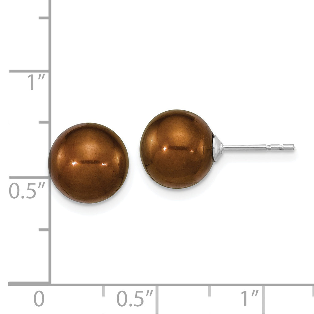 Sterling Silver Rhodium-plated 9-10mm Brown Round Freshwater Cultured Pearl Post Earrings