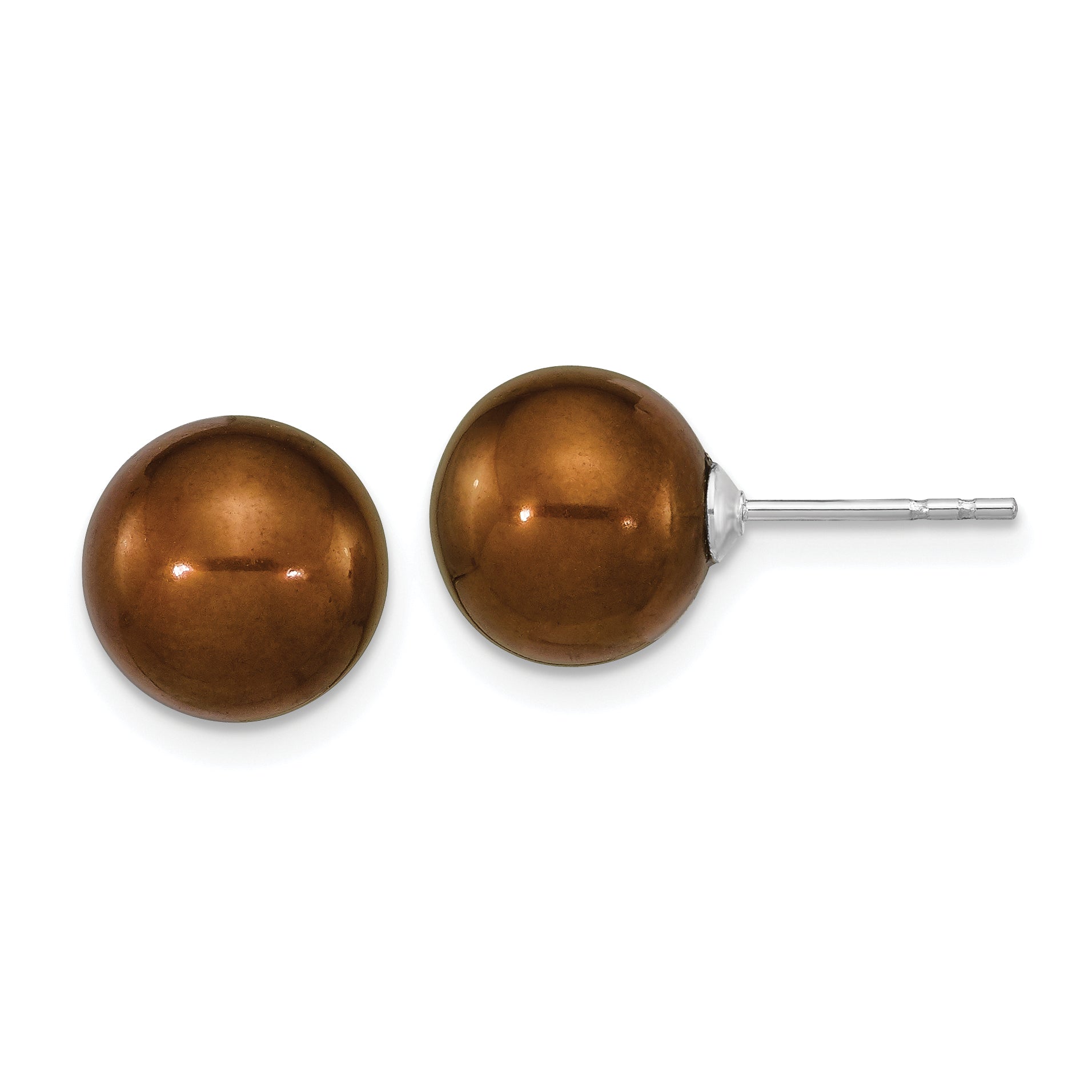 Sterling Silver Rhodium-plated 9-10mm Brown Round Freshwater Cultured Pearl Post Earrings