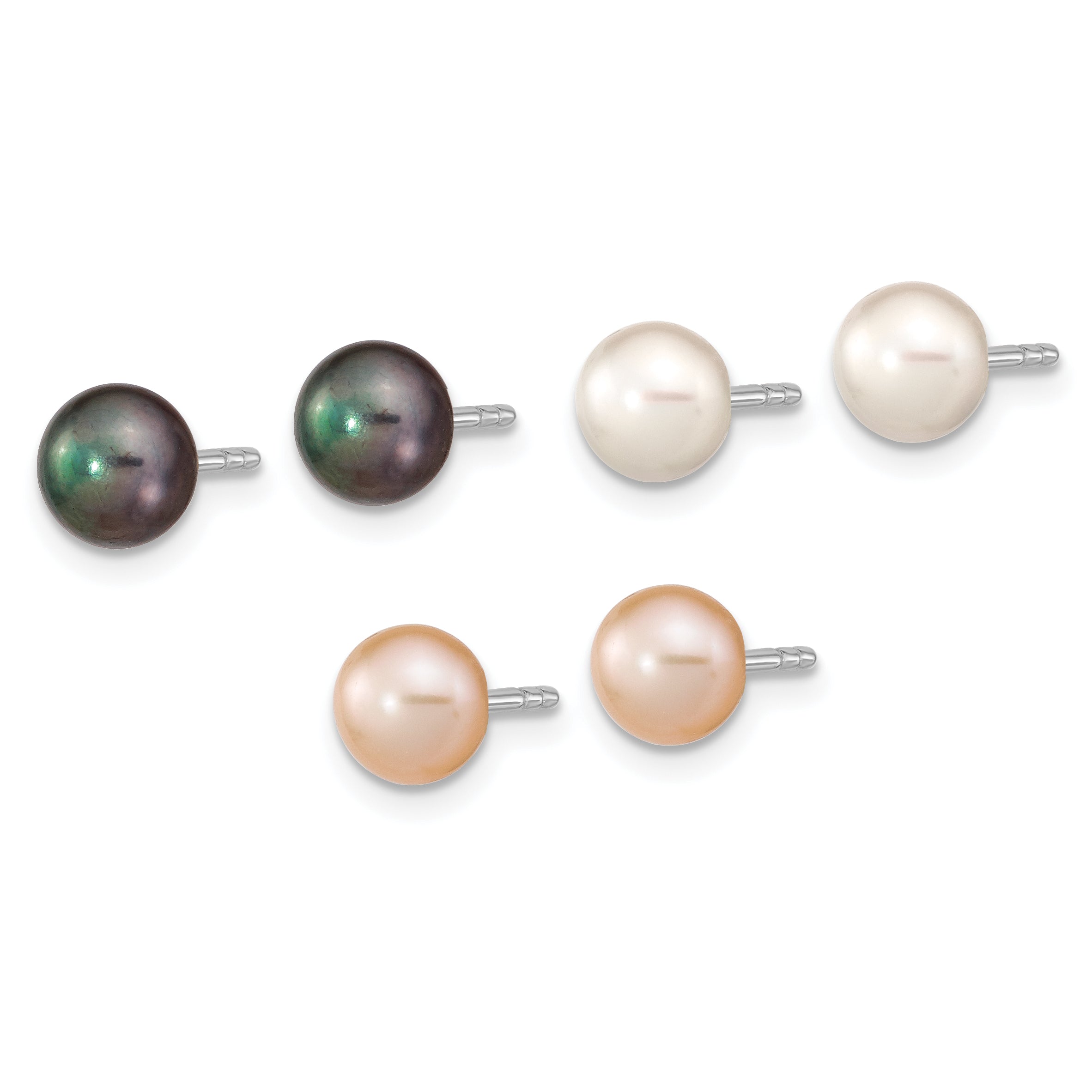 Sterling Silver Rhodium-plated 6-7mm White, Black and Pink Button Freshwater Cultured Pearl Set of 3 Post Earrings Secondary image