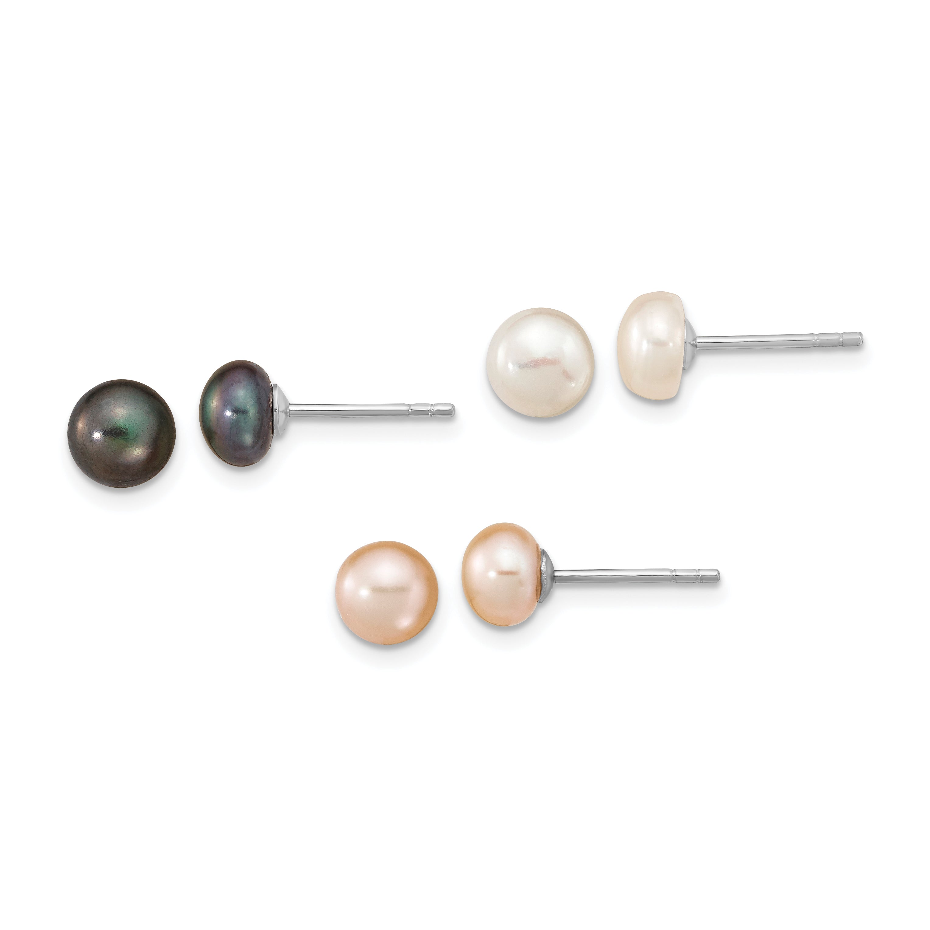 Sterling Silver Rhodium-plated 6-7mm White, Black and Pink Button Freshwater Cultured Pearl Set of 3 Post Earrings Main image