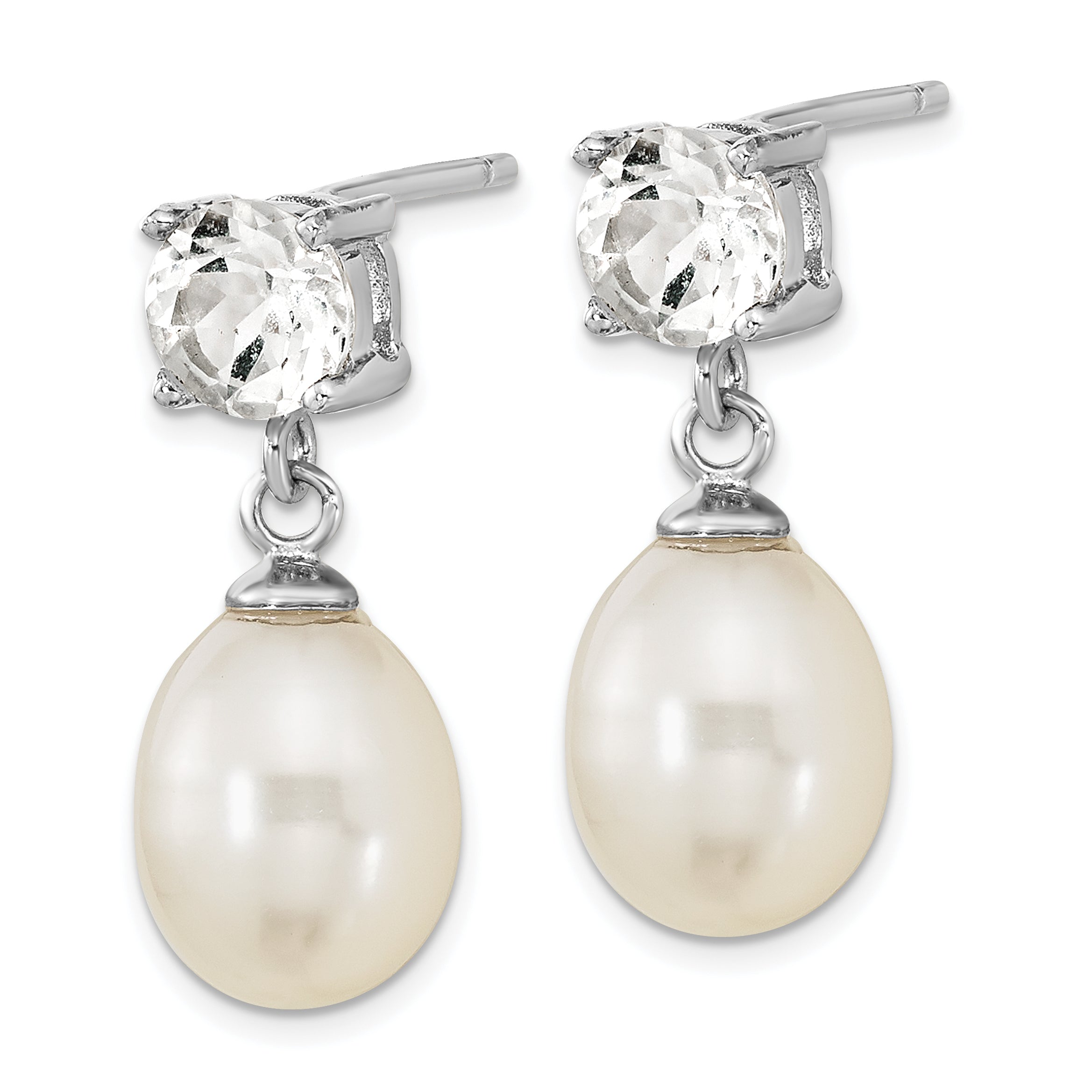 Sterling Silver Rhodium-plated 7-10mm White Teardrop Freshwater Cultured Pearl and 2.64WT White Topaz Post Dangle Earrings