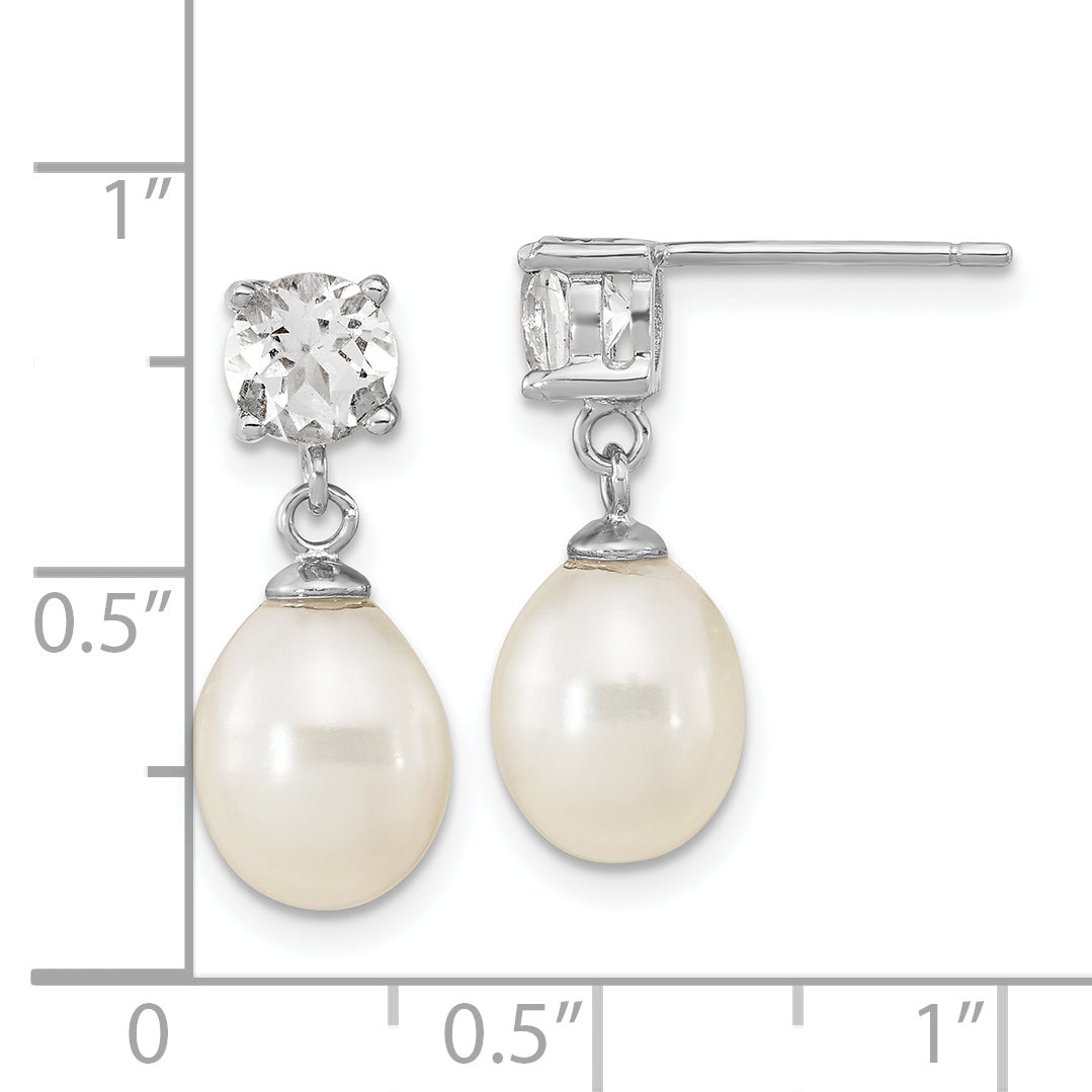 Sterling Silver Rhodium-plated 7-10mm White Teardrop Freshwater Cultured Pearl and 2.64WT White Topaz Post Dangle Earrings