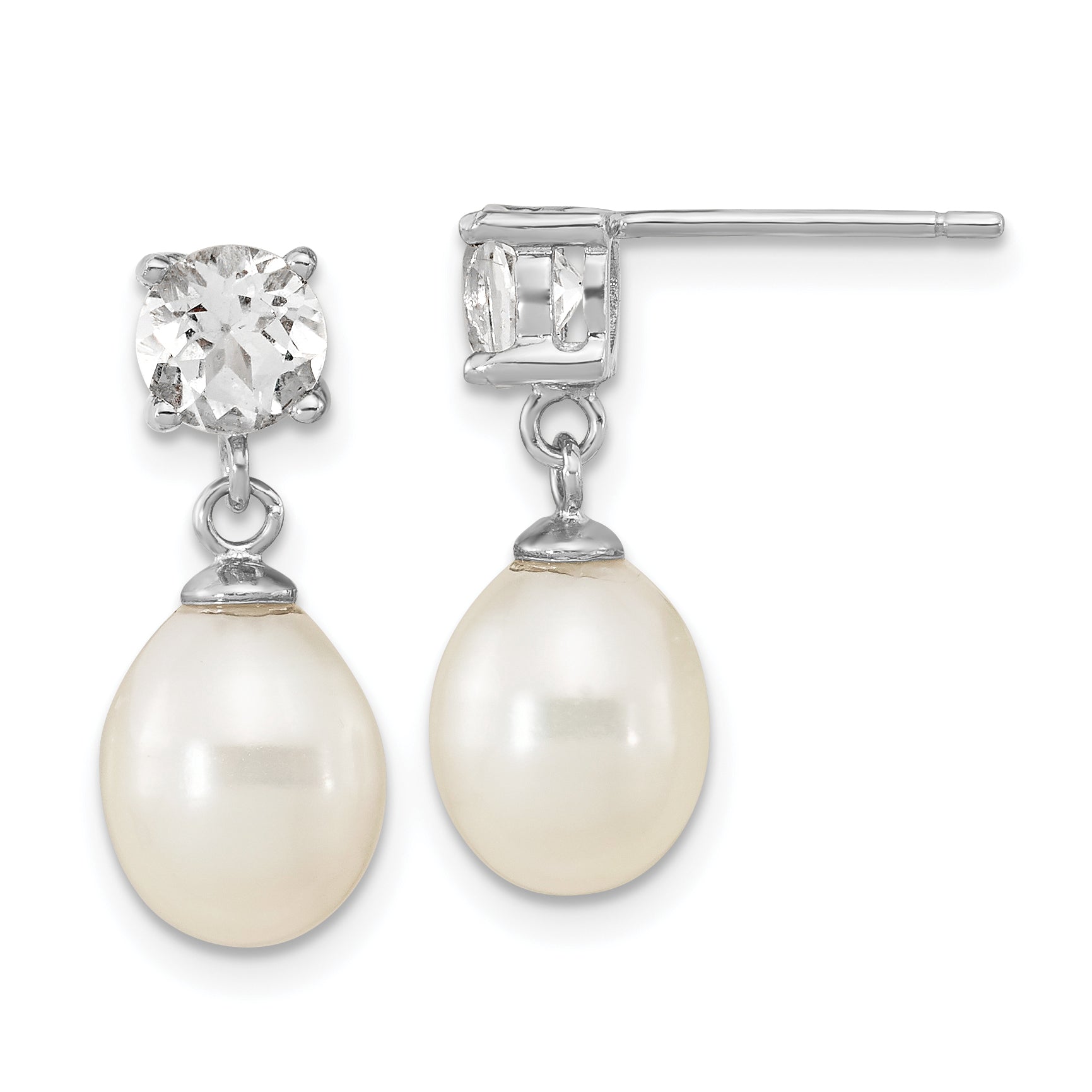 Sterling Silver Rhodium-plated 7-10mm White Teardrop Freshwater Cultured Pearl and 2.64WT White Topaz Post Dangle Earrings Main image