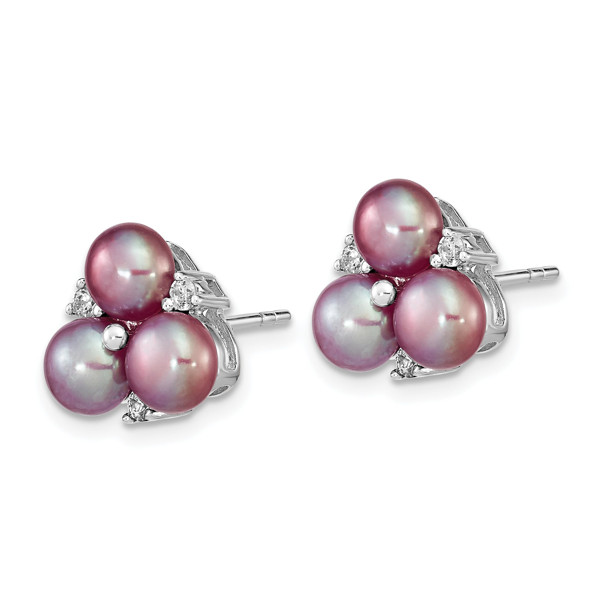 Sterling Silver Rhodium-plated 5-6mm Purple Button Freshwater Cultured Pearl Post Earrings Secondary image