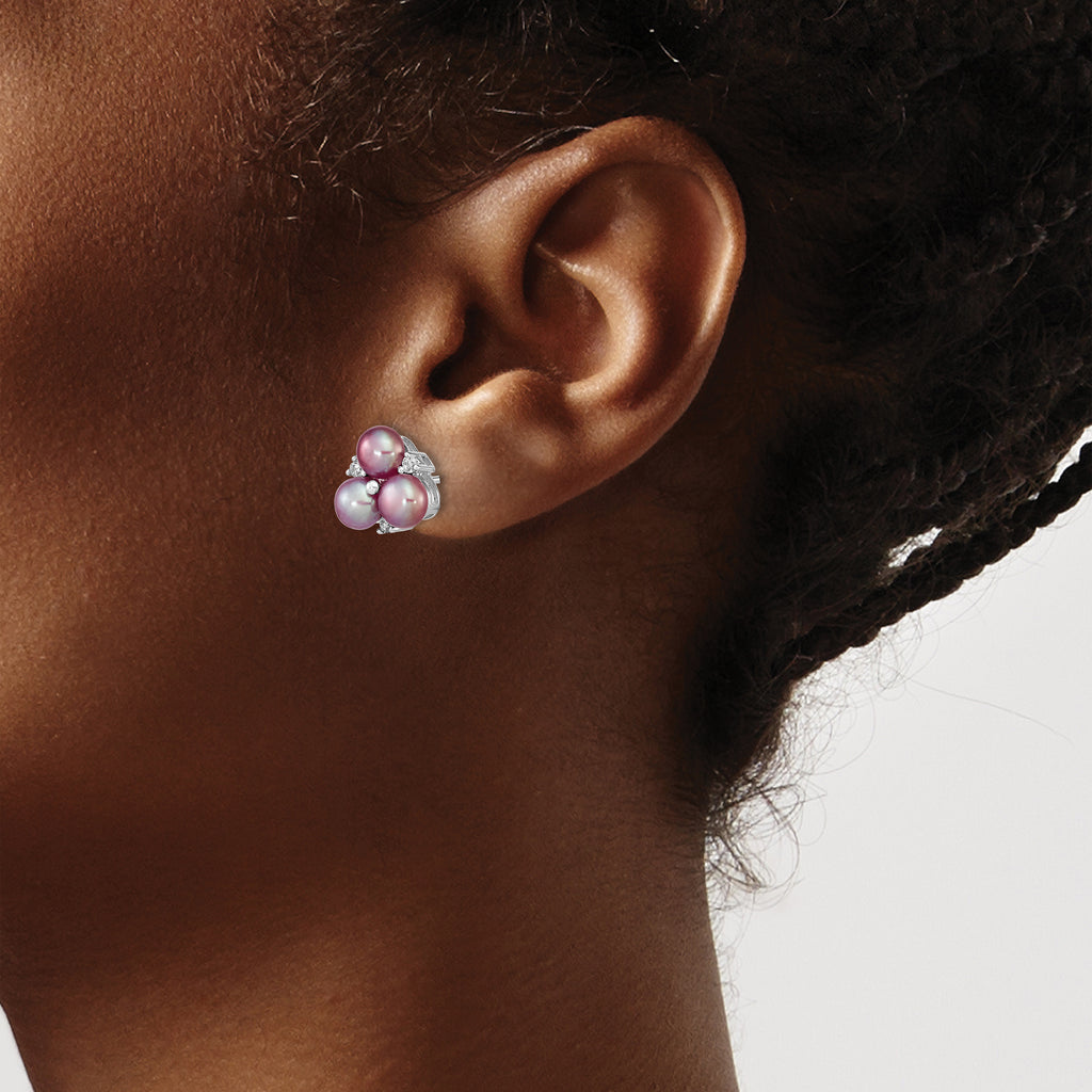 Sterling Silver Rhodium-plated 5-6mm Purple Button Freshwater Cultured Pearl Post Earrings