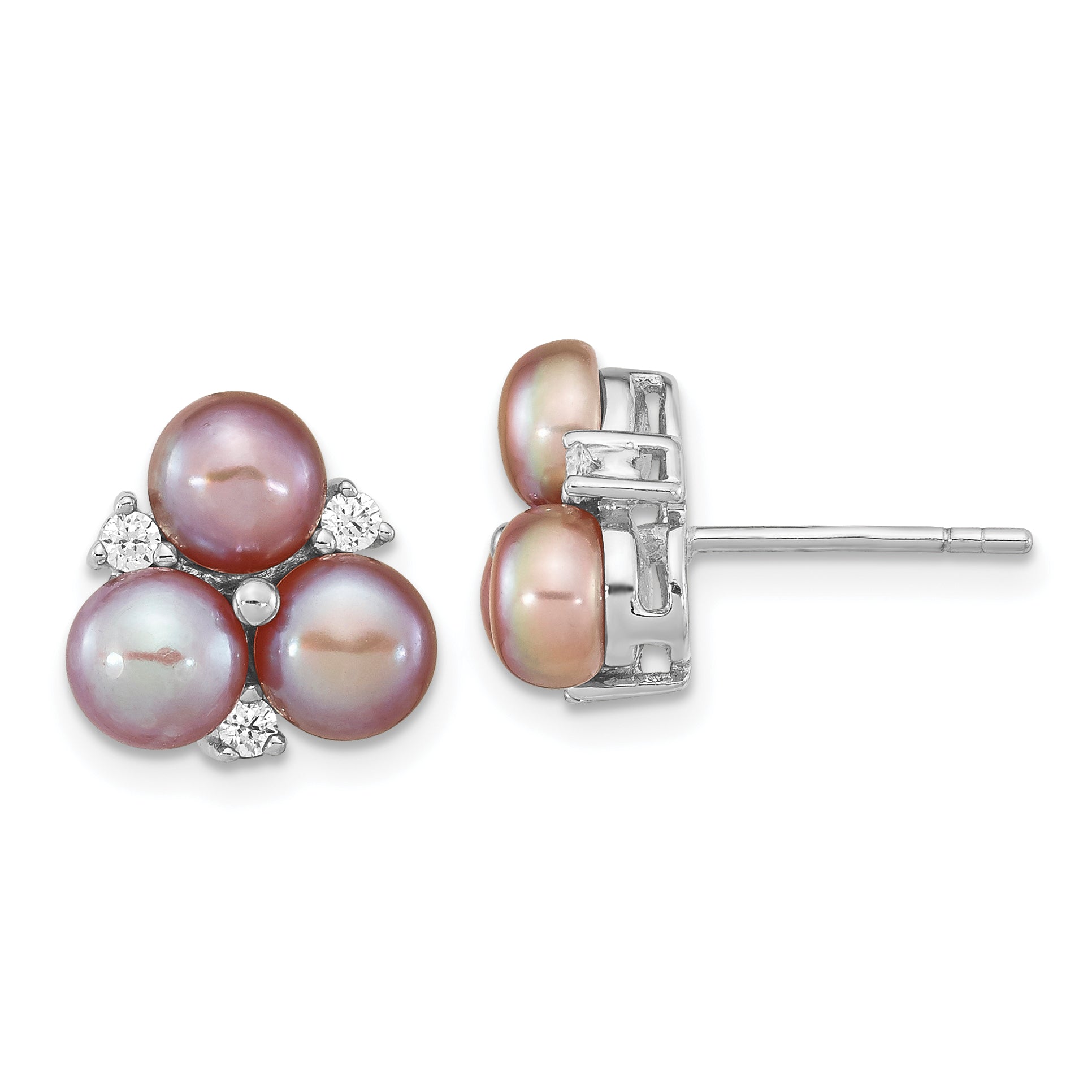 Sterling Silver Rhodium-plated 5-6mm Purple Button Freshwater Cultured Pearl Post Earrings Main image
