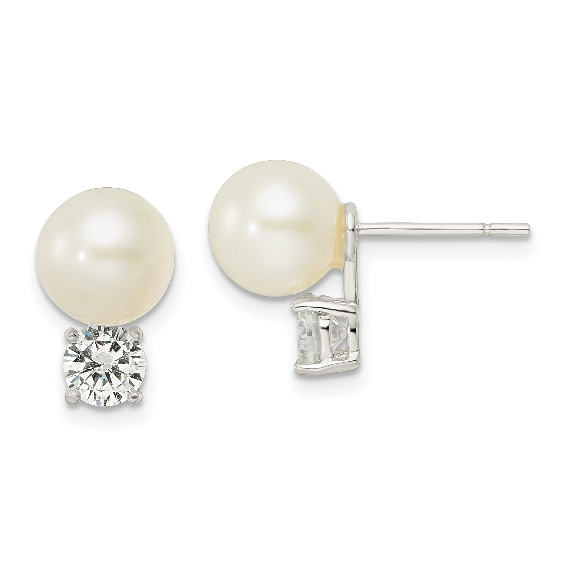 Sterling Silver CZ and 7-8mm Imitation Shell Pearl Post Earrings Main image